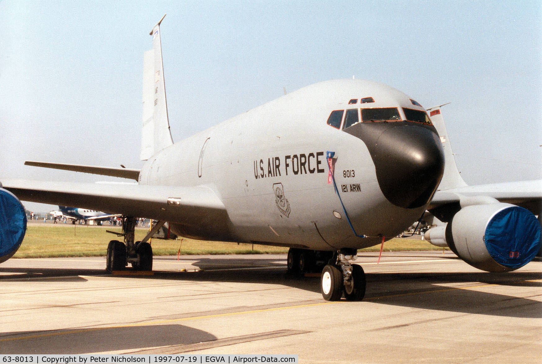 63-8013, 1963 Boeing KC-135R Stratotanker C/N 18600, KC-135R Stratotanker, callsign Gold 11, of 166th Air Refuelling Squadron/121st Air Refuelling Wing at Rickenbacker AFB on display at the 1997 Intnl Air Tattoo at RAF Fairford.