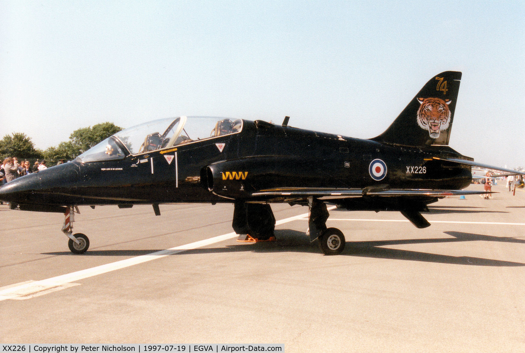 XX226, 1978 Hawker Siddeley Hawk T.1 C/N 062/312062, Hawk T.1, callsign Tiger 2, of 74[Reserve] Squadron at RAF Valley on display at the 1997 Intnl Air Tattoo at RAF Fairford.