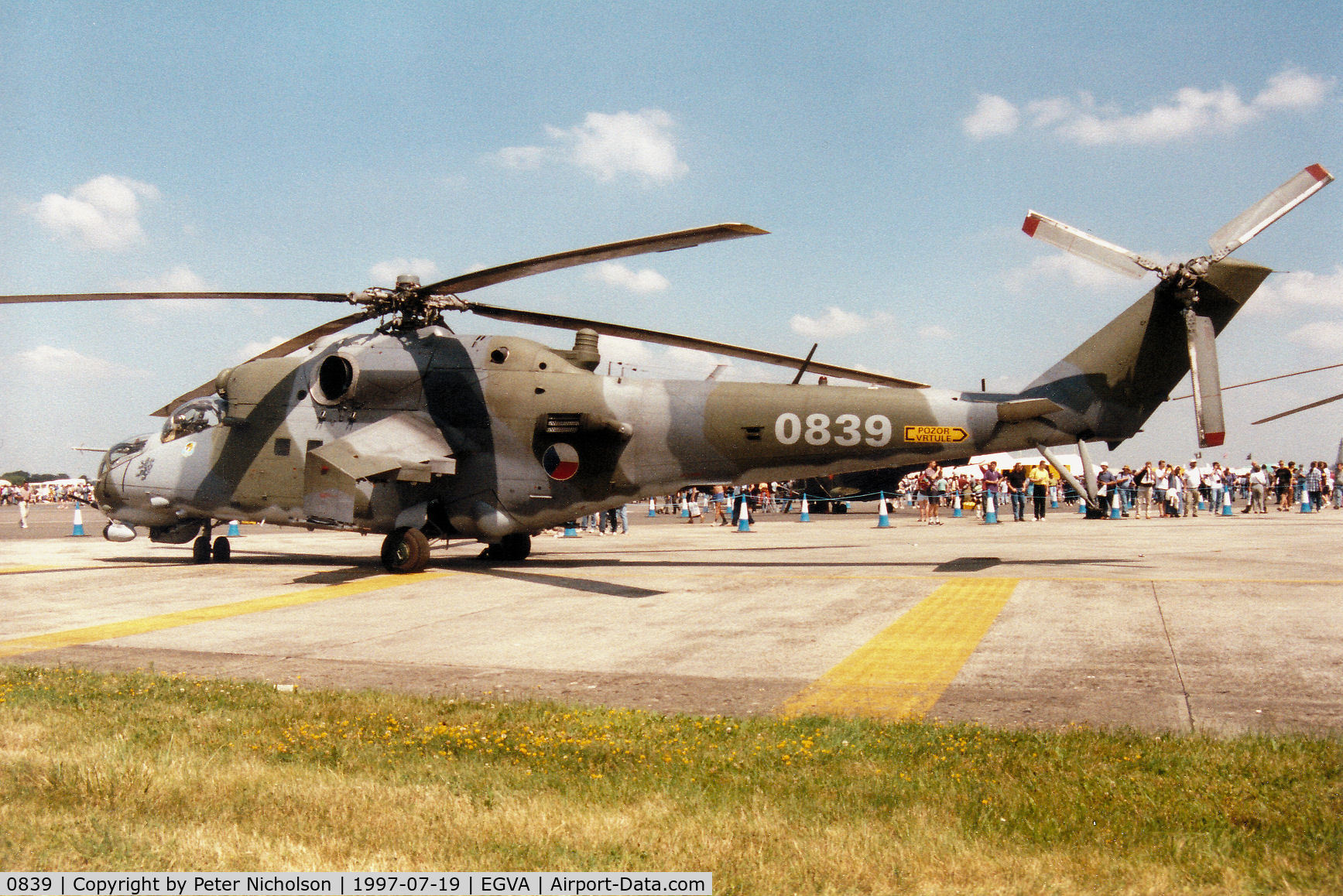 0839, Mil Mi-24V Hind E C/N 730839, Hind helicopter gunship of 331 Squadron Czech Air Force on display at the 1997 Intnl Air Tattoo at RAF Fairford.