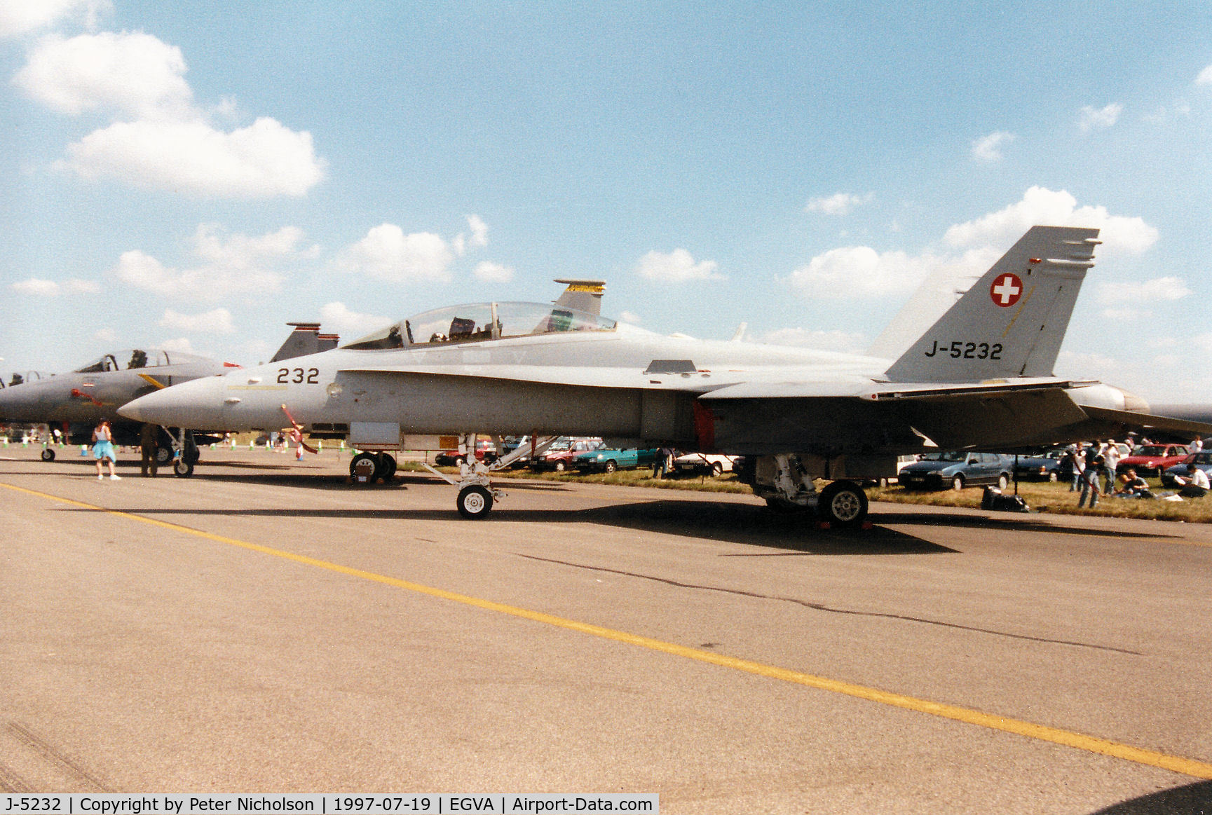 J-5232, 1996 McDonnell Douglas F/A-18D Hornet C/N 1308, F/A-18D Hornet of the Swiss Air Force on display at the 1997 Intnl Air Tattoo at RAF Fairford.