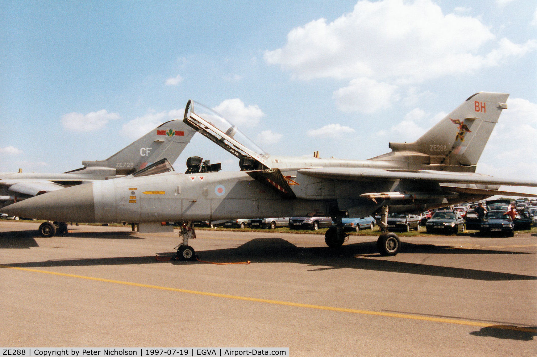 ZE288, 1987 Panavia Tornado F.3 C/N 617/AS035/3275, Tornado F.3, callsign Triplex 2, of RAF Coningsby's 29 Squadron on display at the 1997 Intnl Air Tattoo at RAF Fairford.