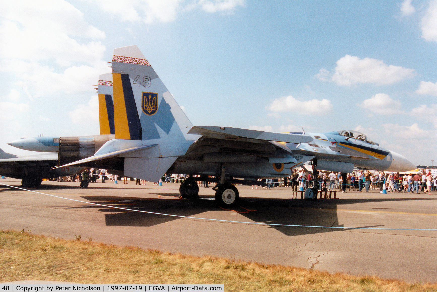 48, Sukhoi Su-27A C/N 36911014411, Ukranian Air Force Su-27 Flanker B on display at the 1997 Intnl Air Tattoo at RAF Fairford.