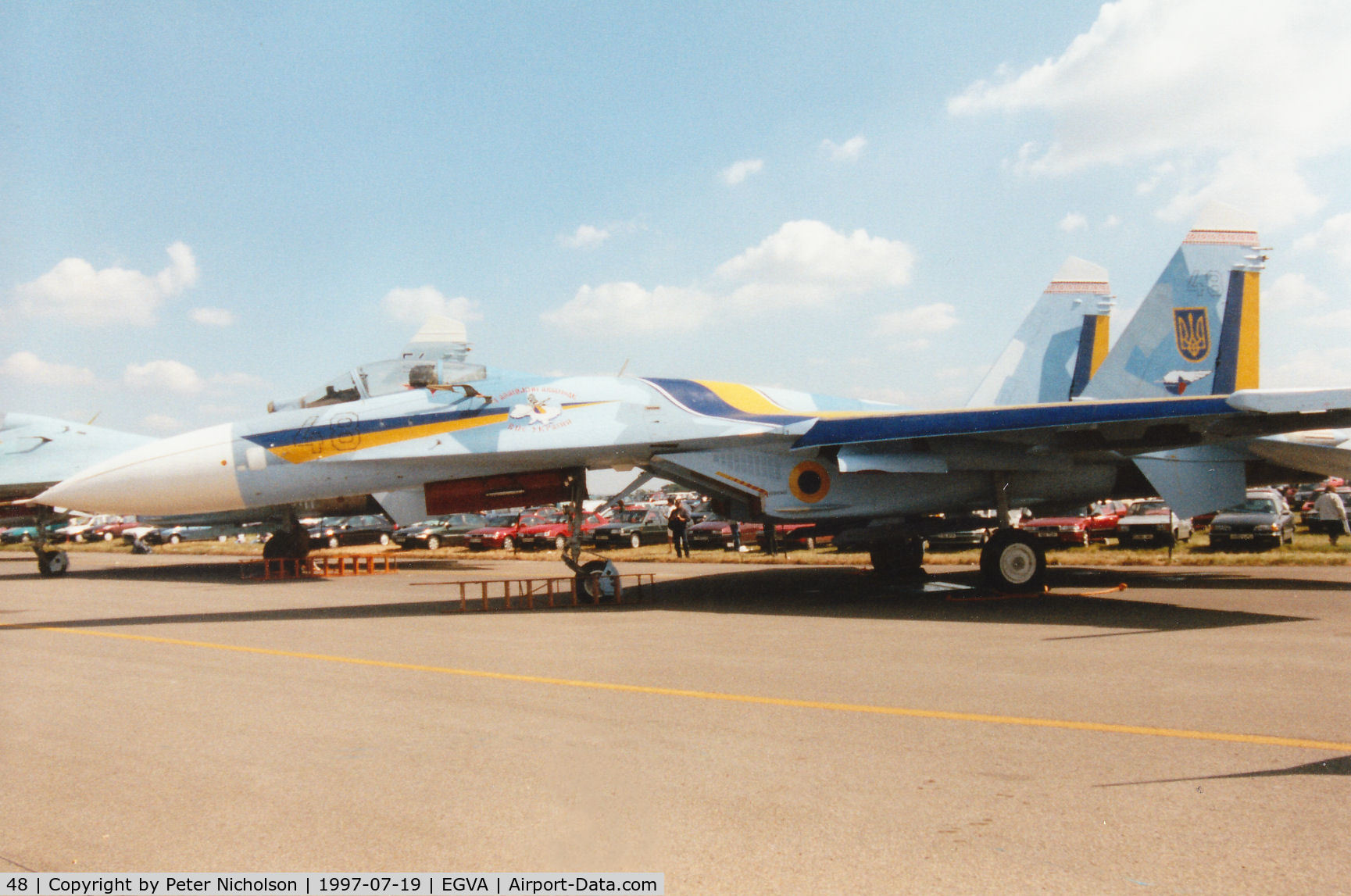 48, Sukhoi Su-27A C/N 36911014411, Another view of the Flanker B of the Ukranian Air Force on display at the 1997 Intnl Air Tattoo at RAF Fairford.