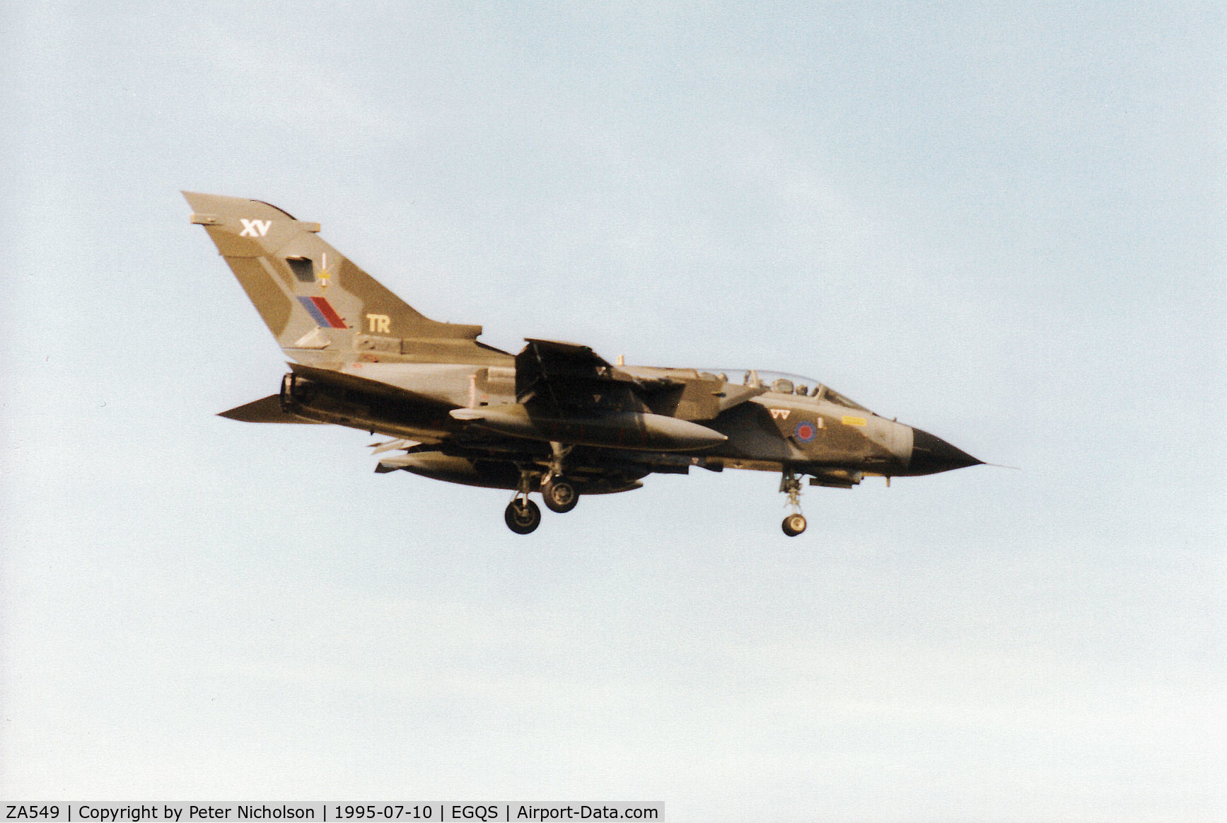 ZA549, 1981 Panavia Tornado GR.1 C/N 063/BT017/3033, Tornado GR.1 of 15[Reserve] Squadron returning to Runway 10 at RAF Lossiemouth in the Summer of 1995.