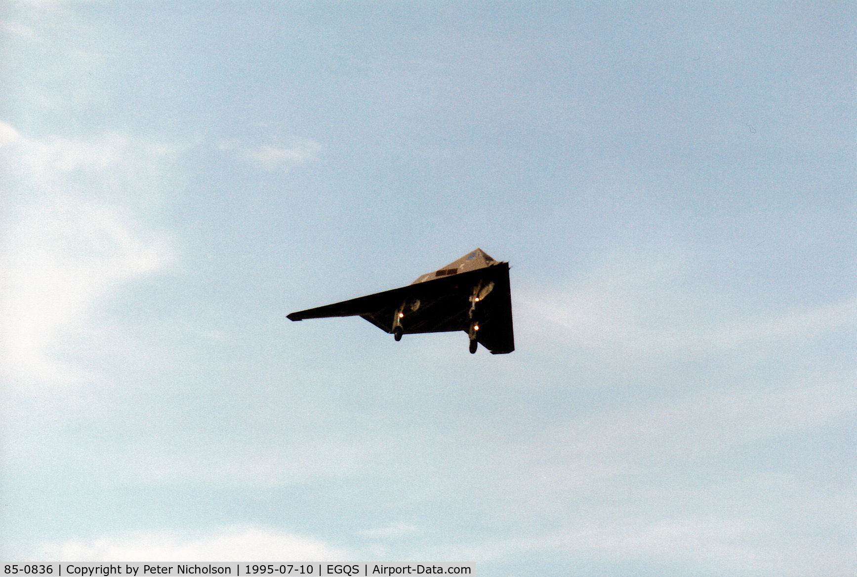 85-0836, 1985 Lockheed F-117A Nighthawk C/N A.4058, F-117A Nighthawk, callsign Stealth 2, of 9th Fighter Squadron/49th Fighter Wing at Holloman AFB on a practice approach to Runway 10 at RAF Lossiemouth in the Summer of 1995.