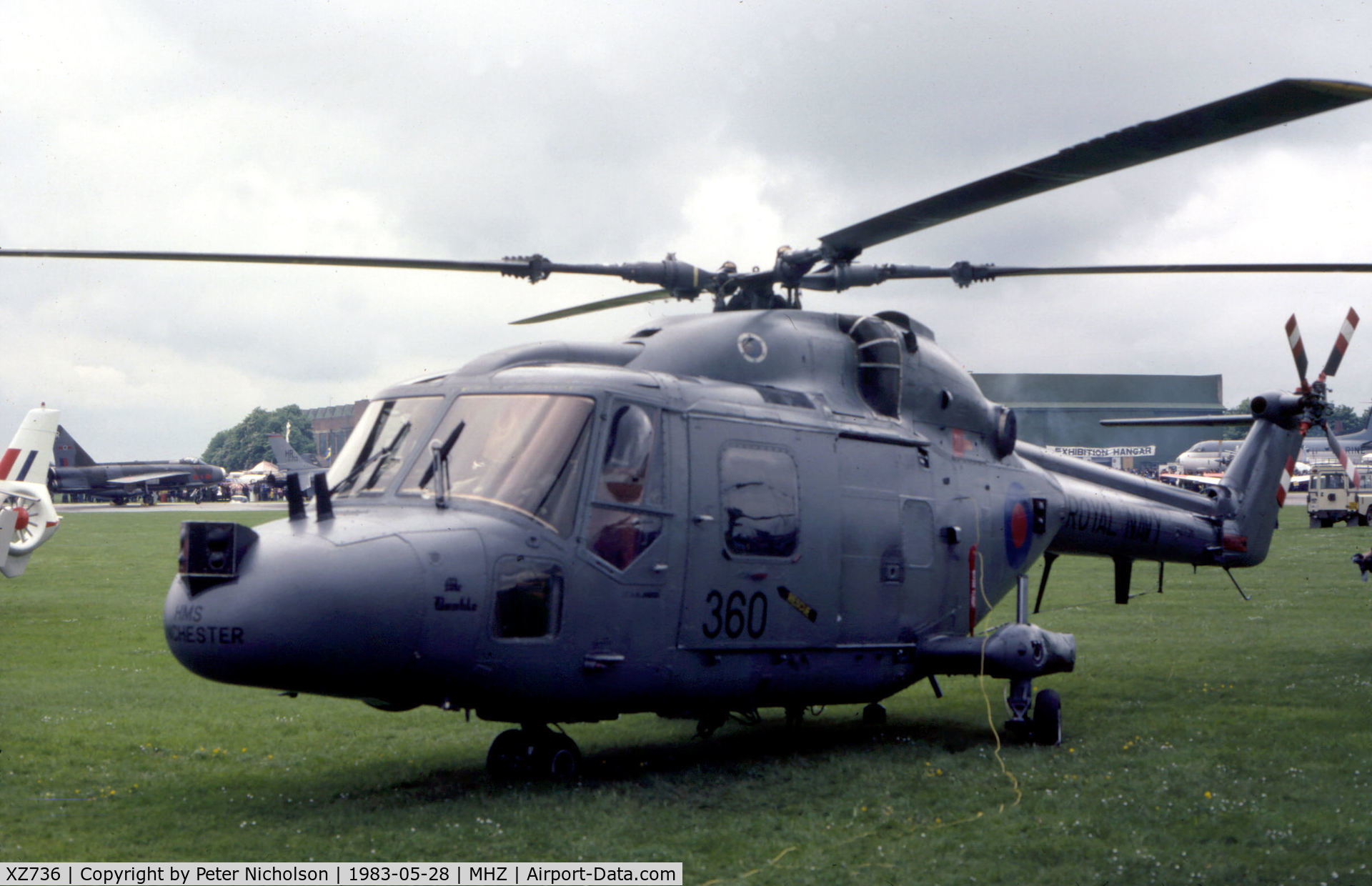 XZ736, 1981 Westland Lynx HAS.2 C/N 222, Lynx HAS.2 named Bumble of 815 Squadron aboard HMS Manchester on display at the 1983 RAF Mildenhall Air Fete.