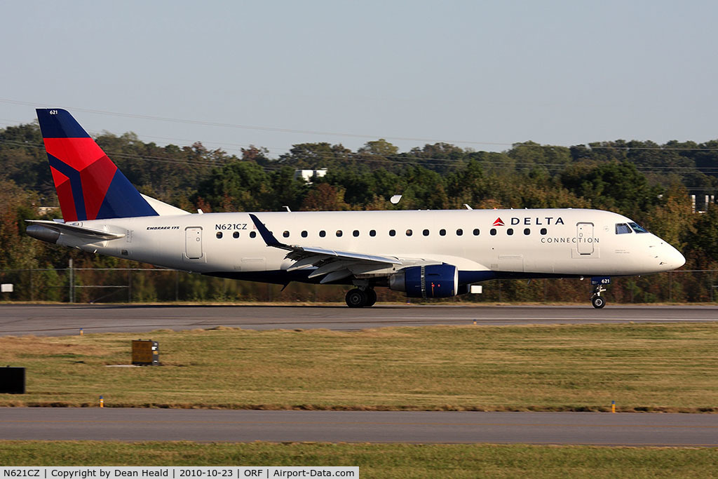 N621CZ, 2008 Embraer 175LR (ERJ-170-200LR) C/N 17000218, Delta Connection (Compass Airlines) N621CZ (FLT CPZ5681) rolling out on RWY 23 after arrival from Minneapolis/St Paul Int'l (KMSP).