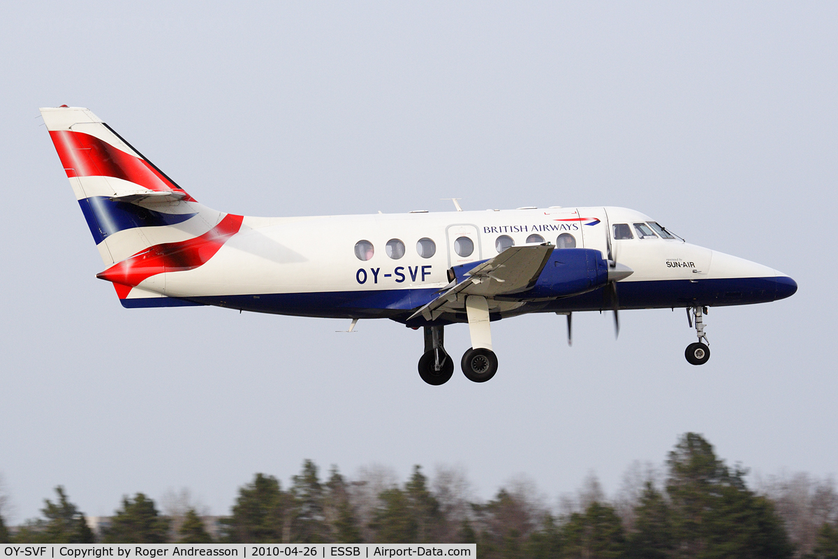 OY-SVF, 1985 British Aerospace BAe-3102 Jetstream 31 C/N 686, Sun-Air of Scandinavia operates the route from Aarhus for British Airways. Usually with Dornier 328 but sometimes with Jetstream.