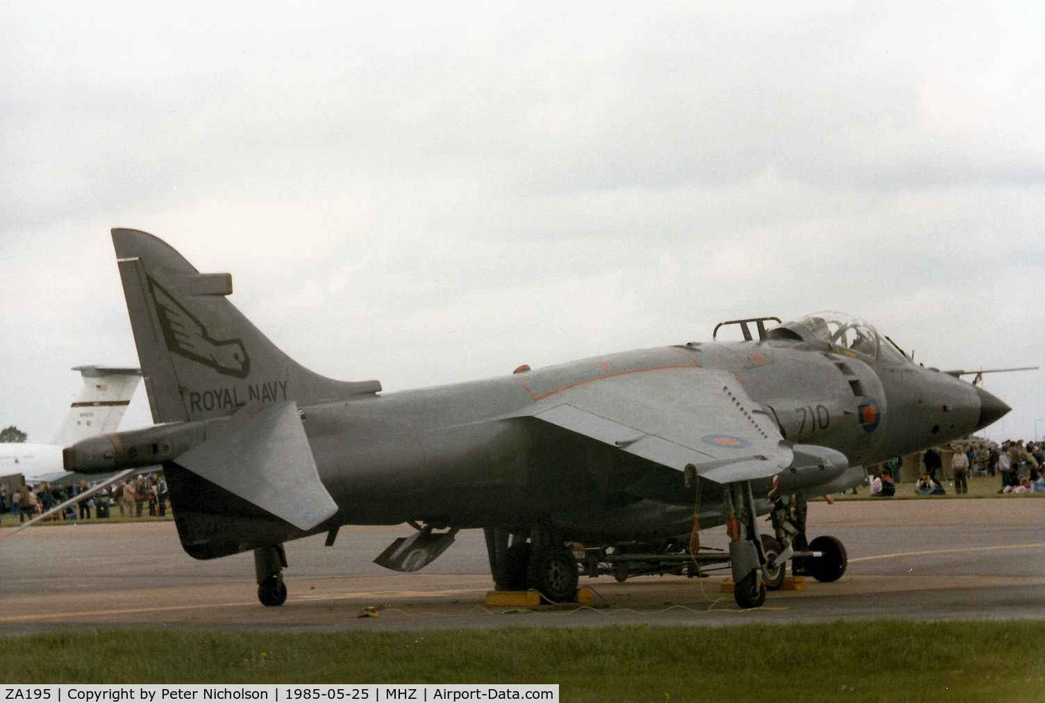 ZA195, 1983 British Aerospace Sea Harrier FRS.1 C/N 41H-912034, Sea Harrier FRS.1 of 899 Squadron at RNAS Yeovilton on display at the 1985 RAF Mildenhall Air Fete.