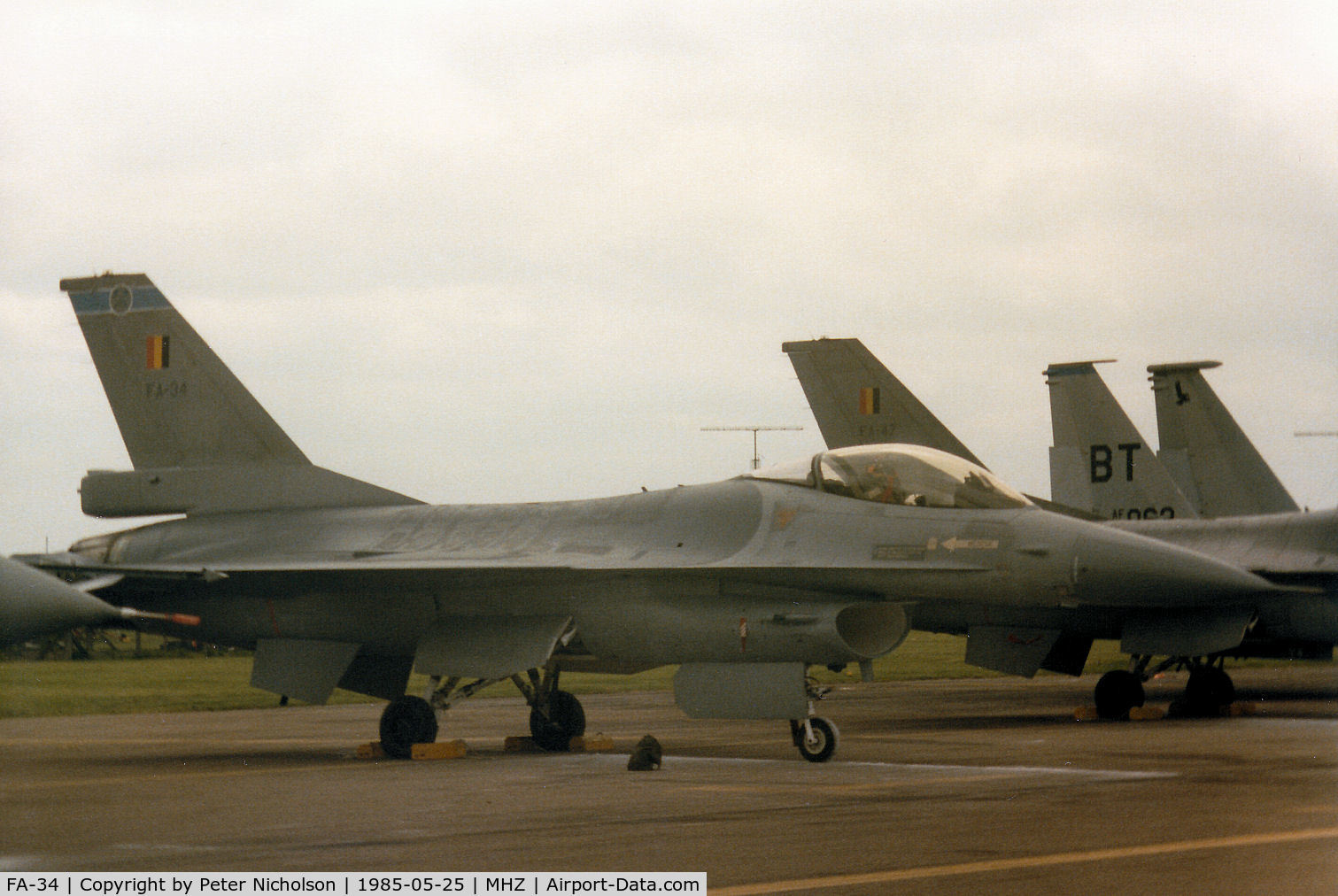 FA-34, 1980 SABCA F-16A Fighting Falcon C/N 6H-34, F-16A Falcon of 1 Wing Belgian Air Force on the flight-line at the 1985 RAF Mildenhall Air Fete.