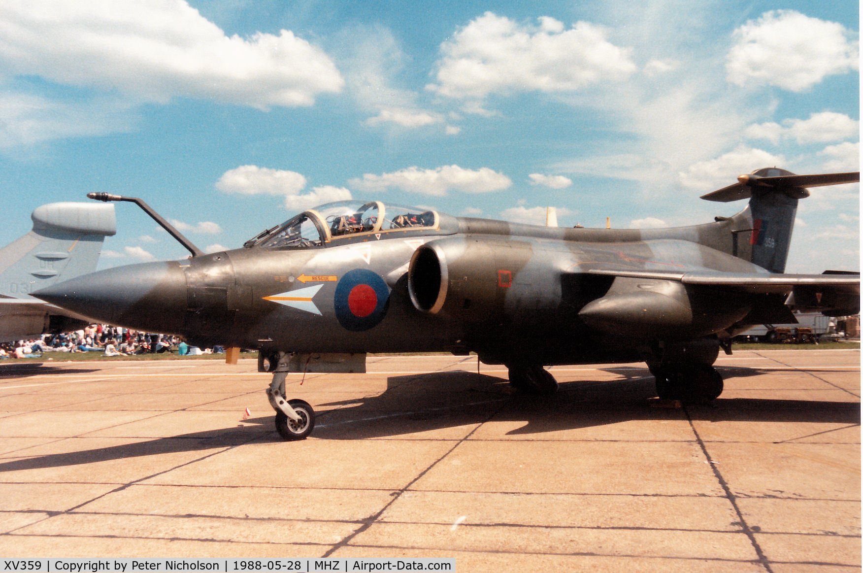 XV359, 1968 Hawker Siddeley Buccaneer S.2B C/N B3-09-67, Buccaneer S.2B of 208 Squadron at RAF Lossiemouth on display at the 1988 RAF Mildenhall Air Fete.