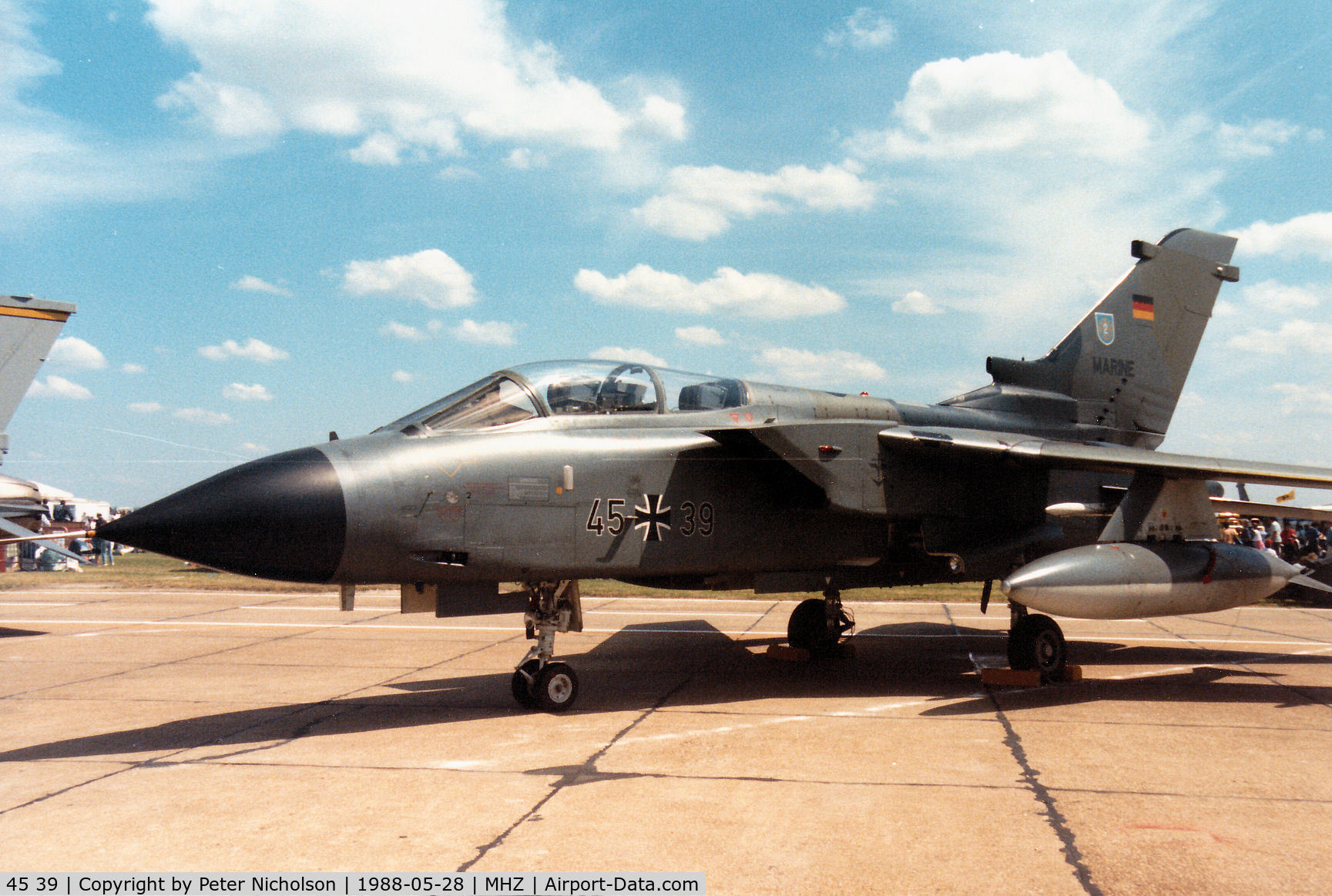 45 39, 1985 Panavia Tornado IDS C/N 599/GS187/4239, Tornado IDS of Kreigsmarine MFG-2 on display at the 1988 RAF Mildenhall Air Fete.
