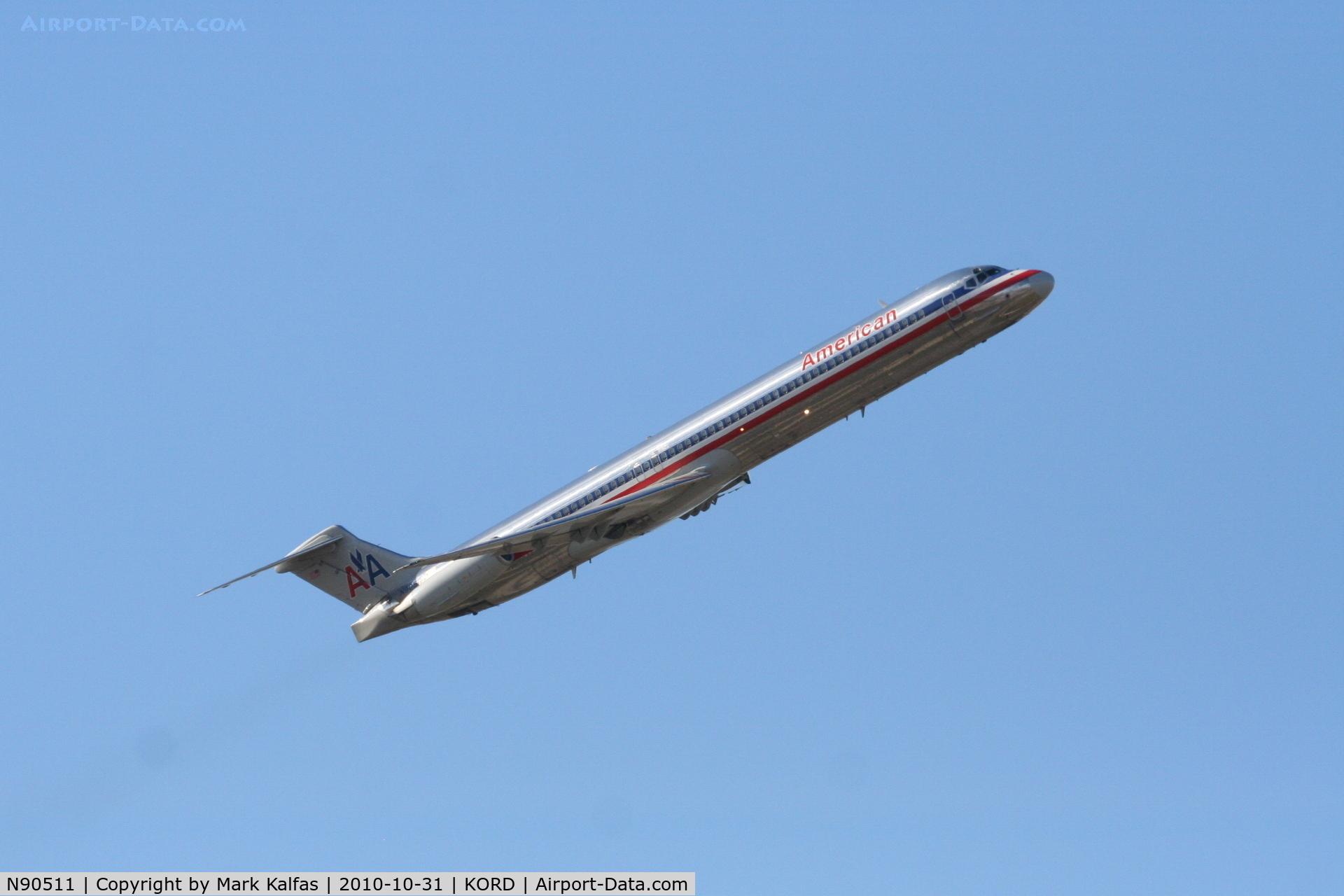 N90511, 1989 McDonnell Douglas MD-82 (DC-9-82) C/N 49805, American Airlines Mcdonnell Douglas DC-9-82, AAL360, with a right crosswind departure 32R KORD en-route to KLGA.