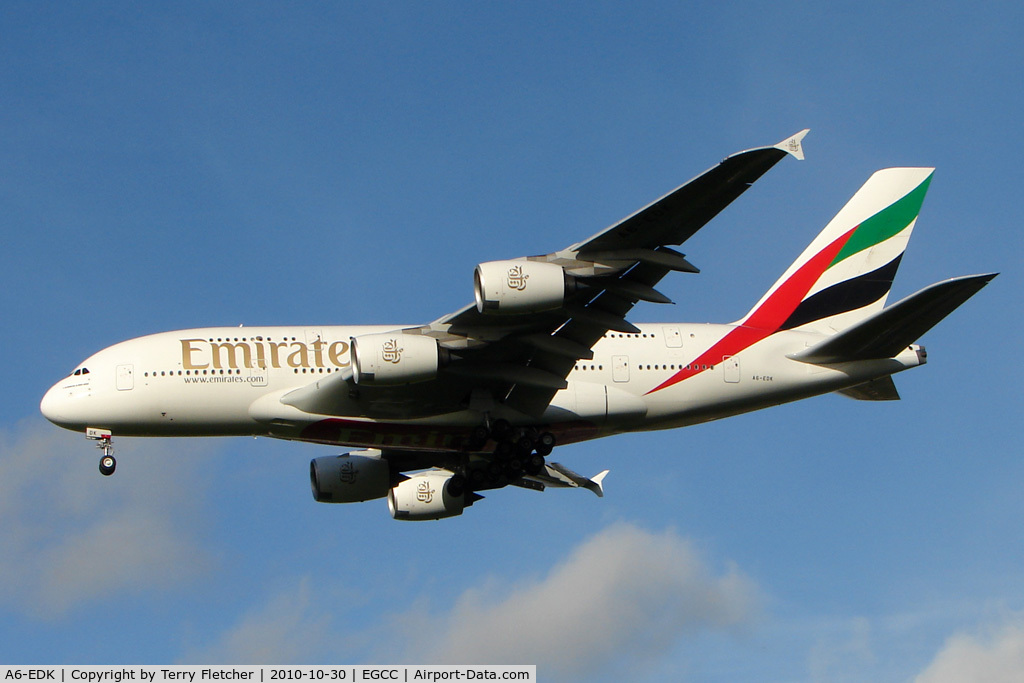 A6-EDK, 2010 Airbus A380-861 C/N 030, Emirates A380 arriving at Manchester