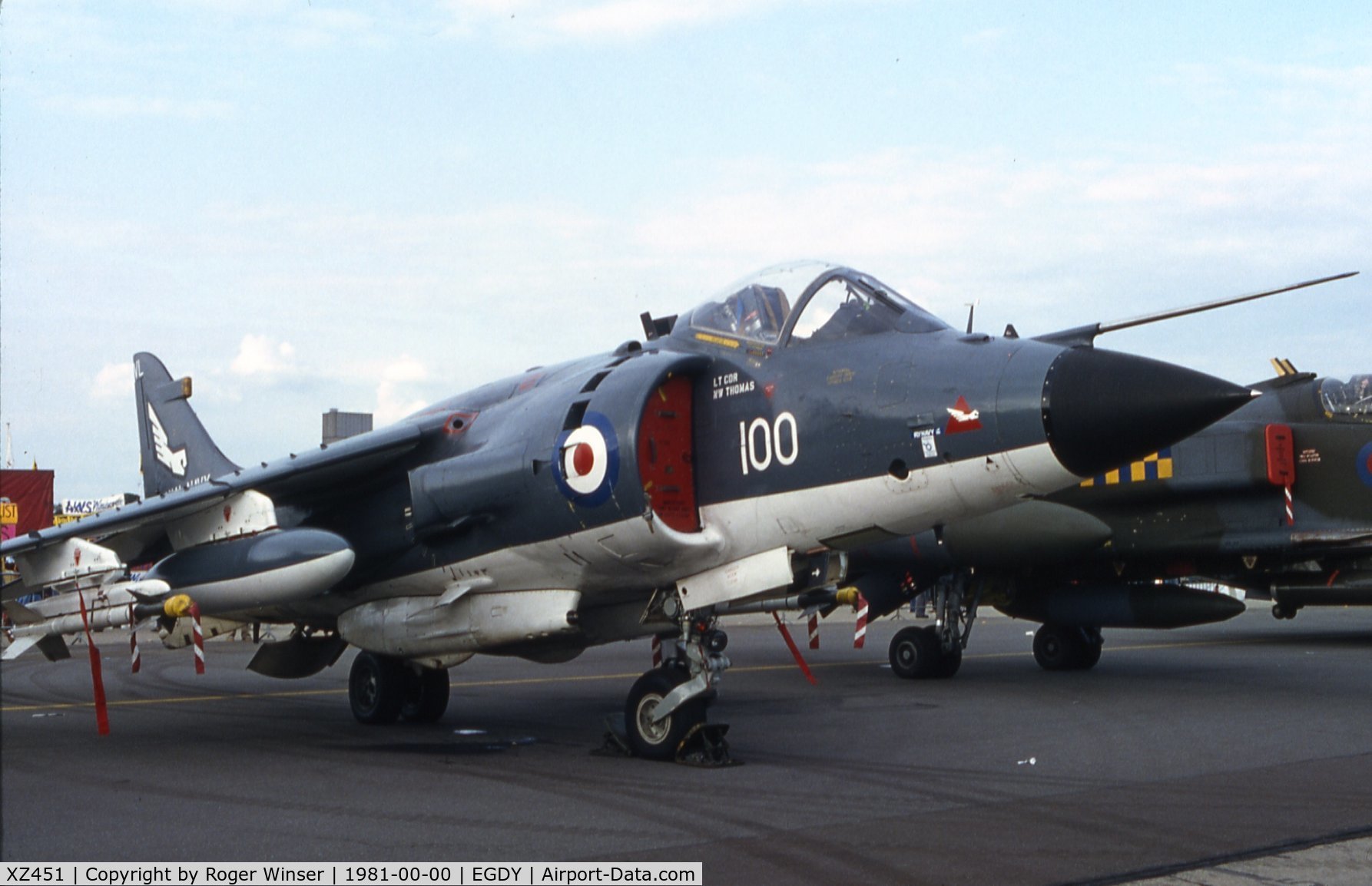 XZ451, 1979 British Aerospace Sea Harrier FRS.1 C/N 41H-912005, Coded 100/VL of 899 NAS at RNAS Yeovilton Naval Air Day in 1981?