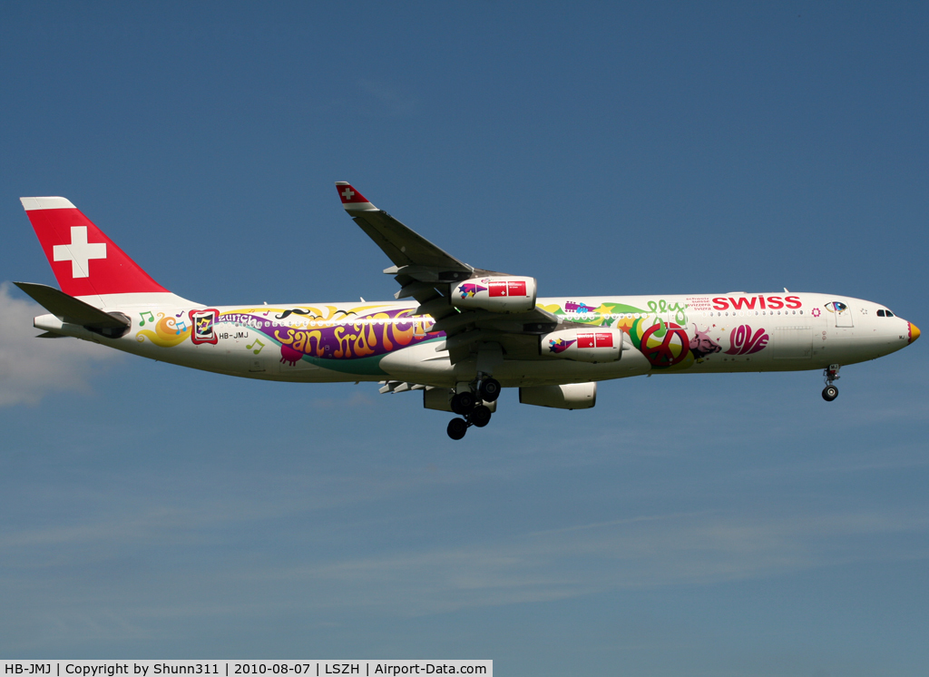 HB-JMJ, 1996 Airbus A340-313X C/N 150, Landing rwy 14 with special 'San Francisco' c/s
