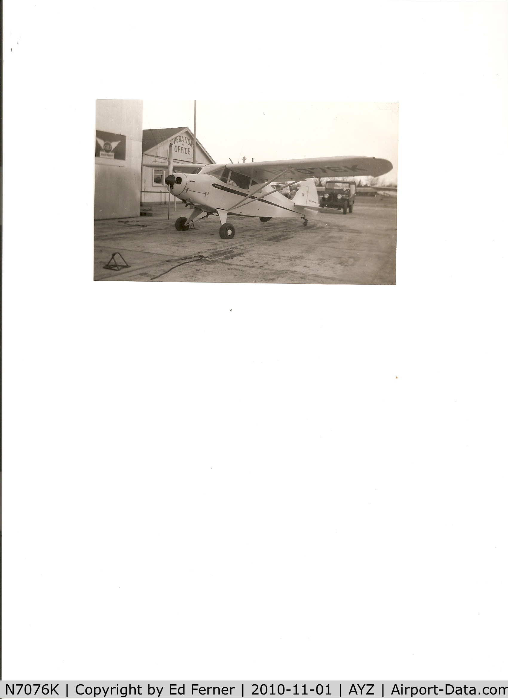 N7076K, 1950 Piper PA-20 Pacer C/N 20-183, On ramp in front of operations office at Zahns Airport, Amityville, Long Island. Photo taken in early 1950's.
