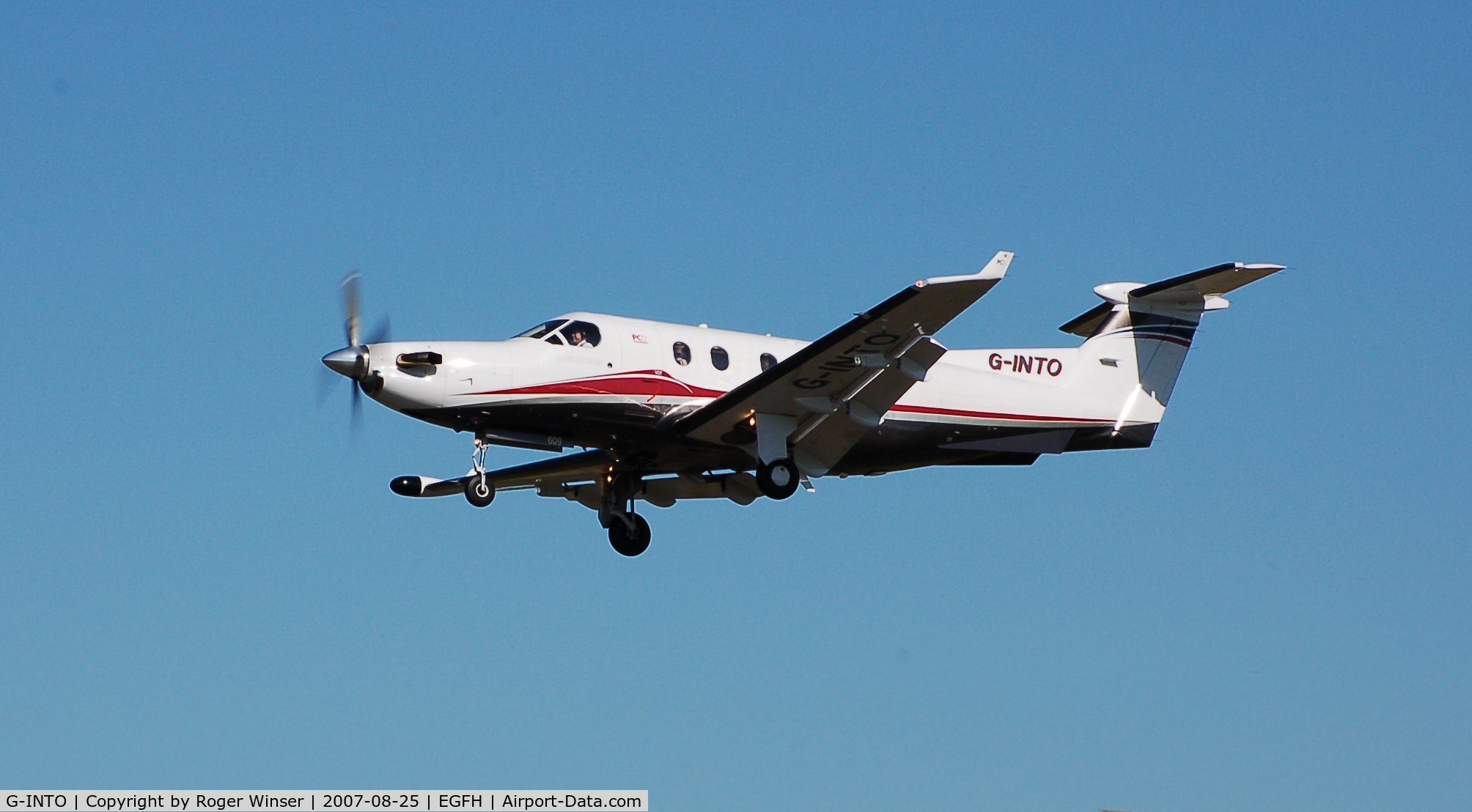 G-INTO, 2005 Pilatus PC-12/45 C/N 609, Into Air's PC-12 departing Runway 22. De-registered 31 August 2010. Became N209PB.