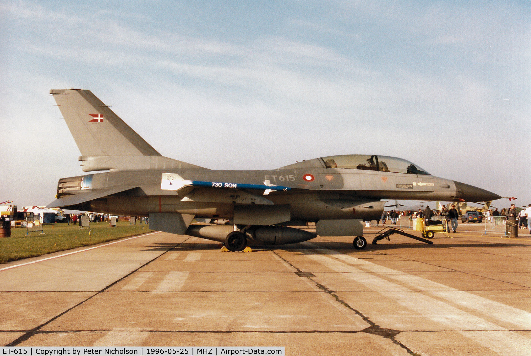 ET-615, General Dynamics F-16BM Fighting Falcon C/N 6G-12, F-16B of Eskradille 730 Royal Danish Air Force, but operated by 727 Eskradille and before Mid-Life Update, on display at the 1996 RAF Mildenhall Air Fete.