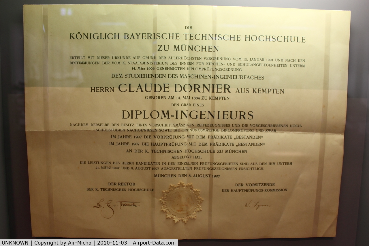 UNKNOWN, Miscellaneous Various C/N unknown, Certificate of Claude Dornier the Constuctor!
