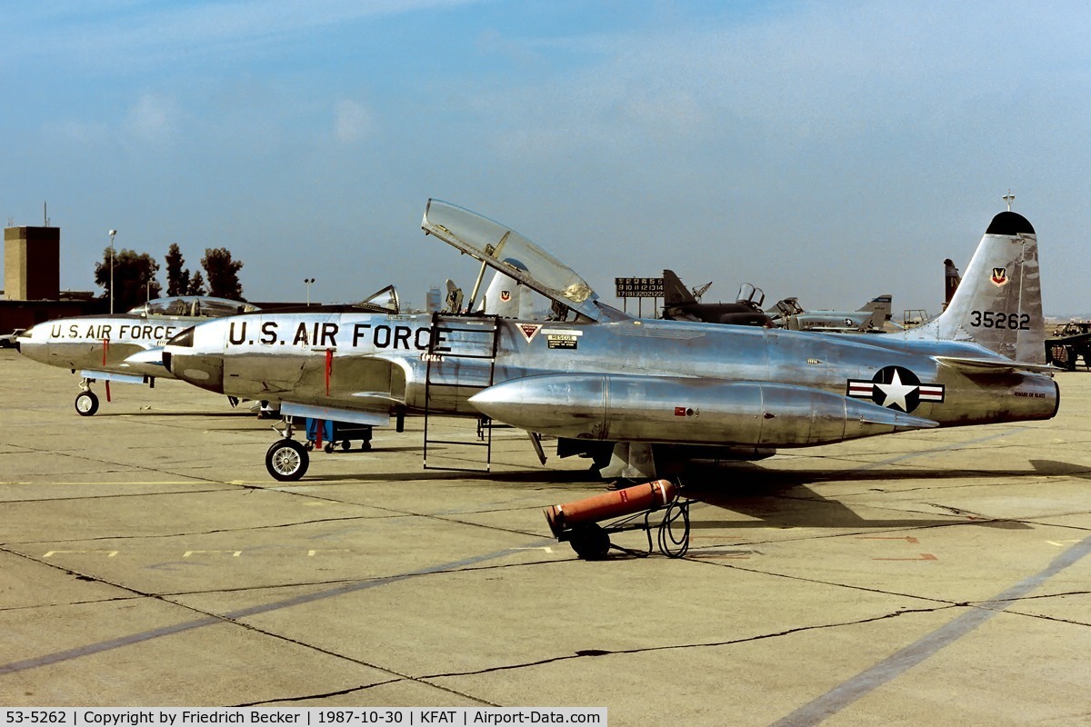 53-5262, 1953 Lockheed T-33A-1-LO Shooting Star C/N 580-8601, flightline at Fresno