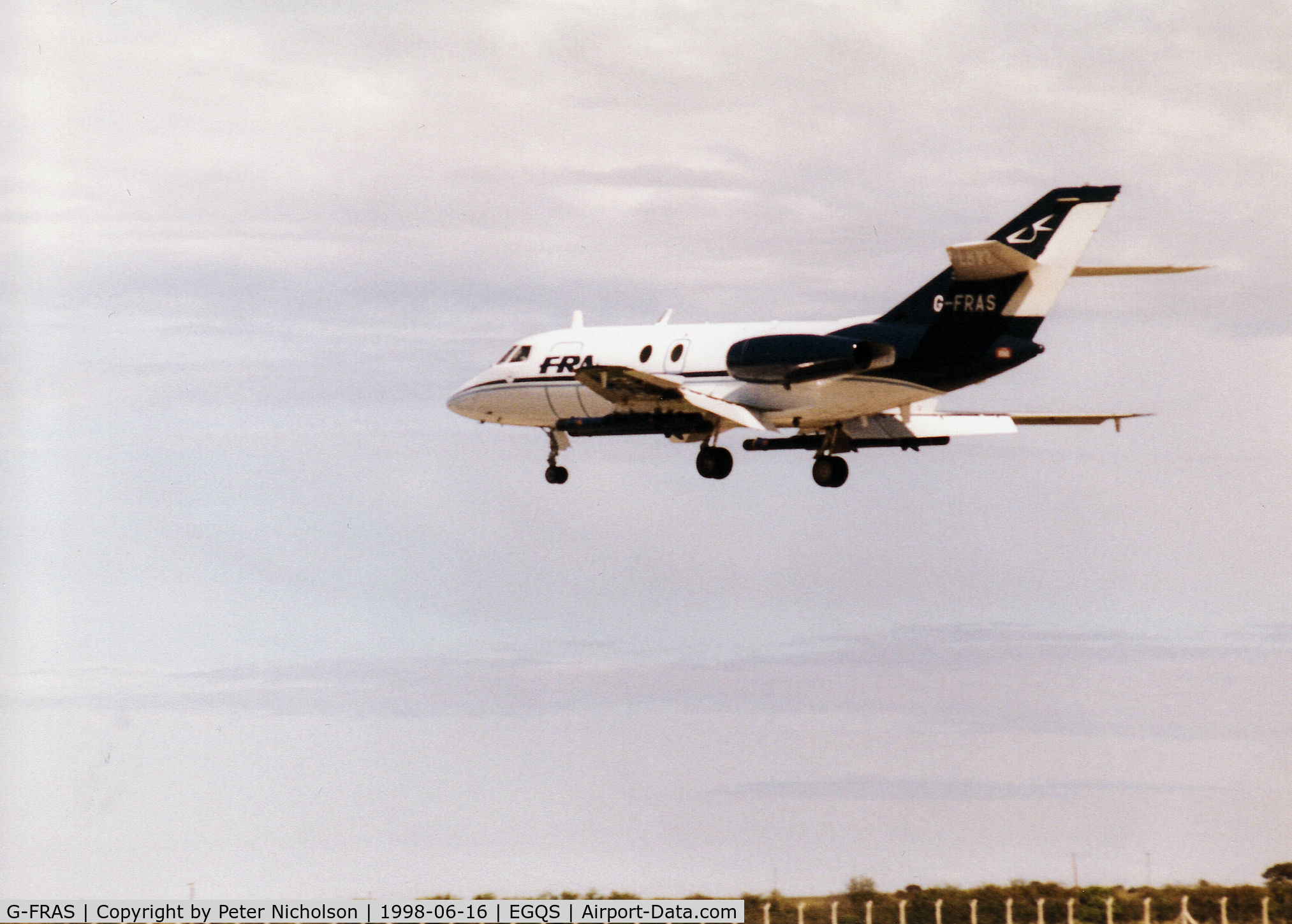 G-FRAS, 1967 Dassault Falcon (Mystere) 20DC C/N 82, FRA Falcon 20, callsign Broadway 87, landing on Runway 05 at RAF Lossiemouth after a mission during the 1998 Joint Maritime Course.