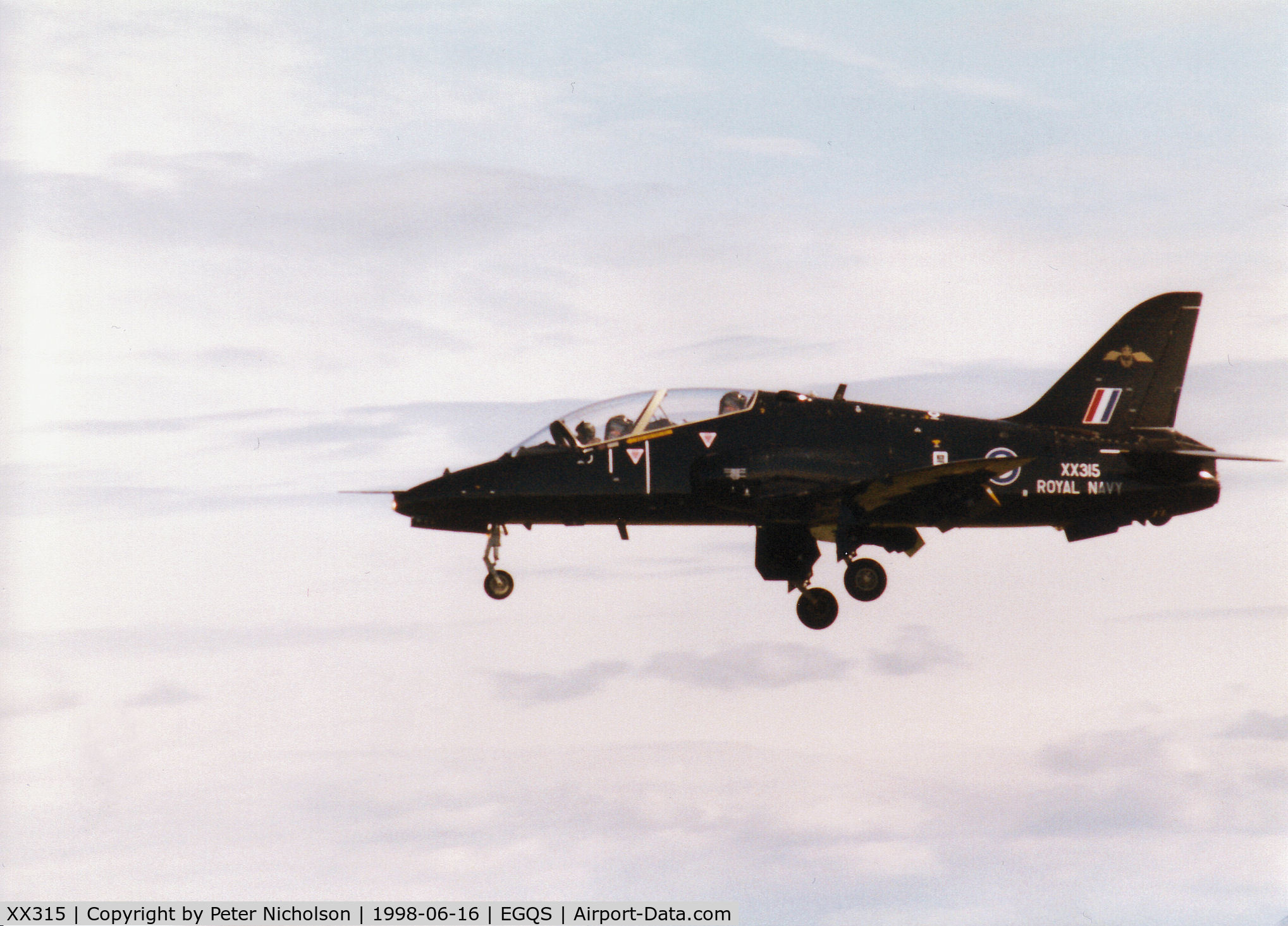 XX315, 1980 Hawker Siddeley Hawk T.1A C/N 156/312140, Hawk T.1A, callsign Ghost One Charlie, of the Fleet Requirements and Air Direction Unit - FRADU - landing on Runway 05 at RAF Lossiemouth after a mission during the 1998 Joint Maritime Course.