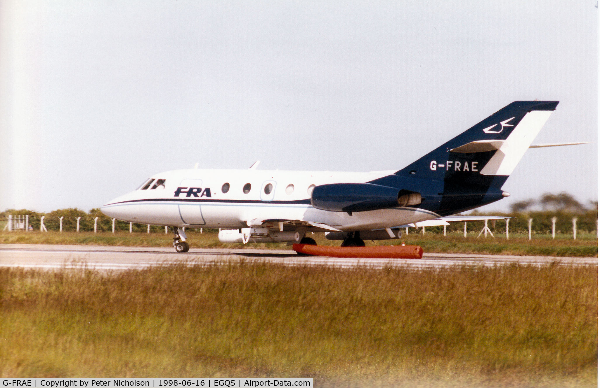 G-FRAE, 1973 Dassault Falcon (Mystere) 20E C/N 280, Target-towing equipped Falcon 20 of FRA preparing for take-off on Runway 05 at RAF Lossiemouth for a mission during the 1998 Joint Maritime Course.
