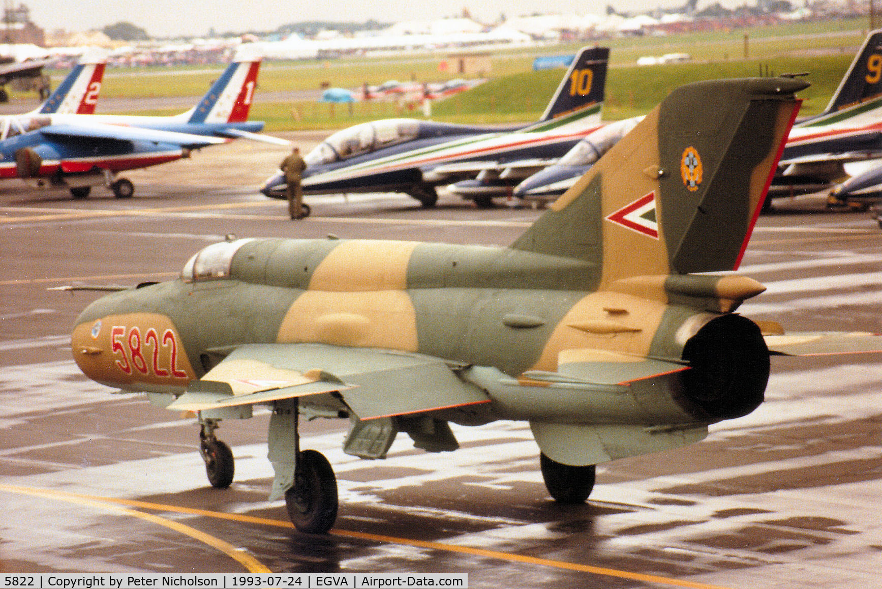 5822, Mikoyan-Gurevich MiG-21bis C/N 75035822, Another view of this MiG-21 Fishbed of the Hungarian Air Force's Sky Hussars display team at the 1993 Intnl Air Tattoo at RAF Fairford.