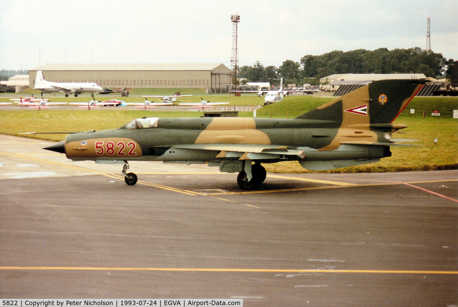 5822, Mikoyan-Gurevich MiG-21bis C/N 75035822, Member of the Hungarian Air Force's Sky Hussars display team at the 1993 Intnl Air Tattoo at RAF Fairford.