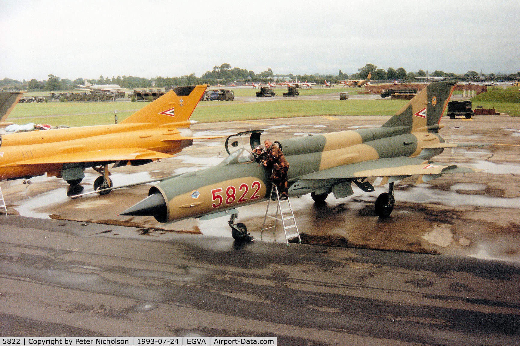 5822, Mikoyan-Gurevich MiG-21bis C/N 75035822, MiG-21 Fishbed of the Sky Hussars display team on the flight-line at the 1993 Intnl Air Tattoo at RAF Fairford.
