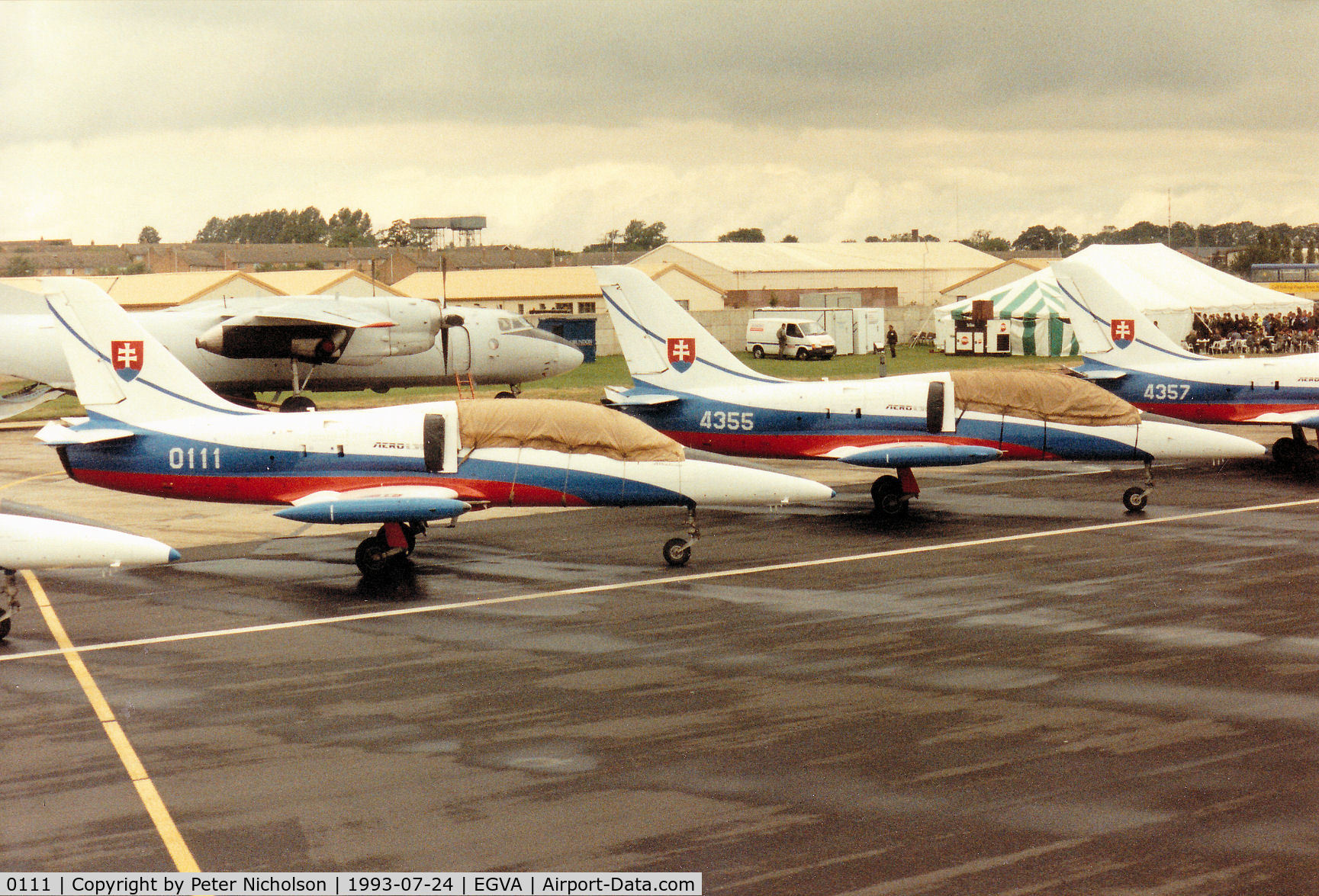 0111, Aero L-39 Albatros C/N 530111, L-39C of the Slovak Air Force's White Albatros display team on the flight-line at the 1993 Intnl Air Tattoo at RAF Fairford.
