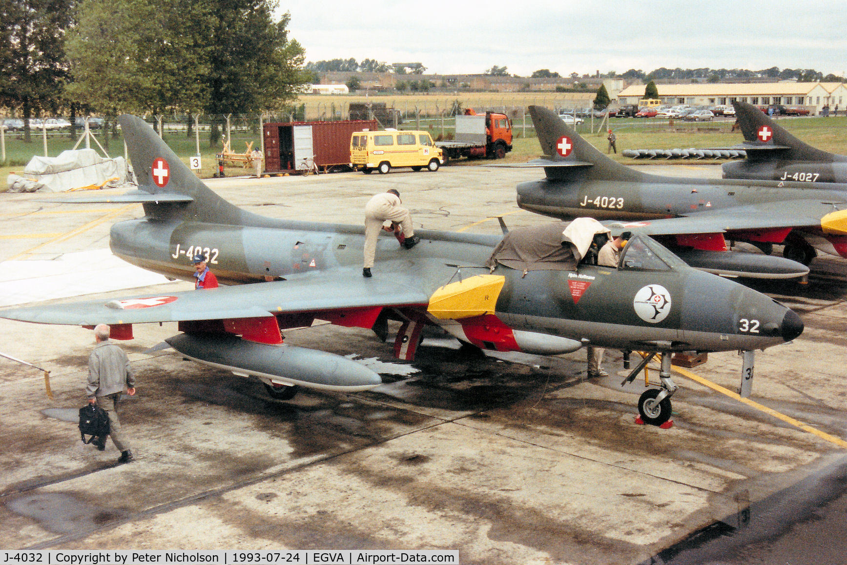 J-4032, Hawker Hunter F.58 C/N 41H-697399, Hunter F.58 of the Patrouille Suisse aerobatic display team on the flight-line at the 1993 Intnl Air Tattoo at RAF Fairford.