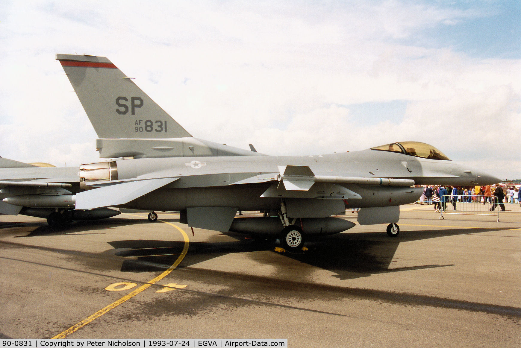 90-0831, 1990 General Dynamics F-16C Fighting Falcon C/N CC-31, F-16C Falcon, callsign Rust 01, of 22nd Fighter Squadron/52nd Fighter Wing at Spangdahlem on display at the 1993 Intnl Air Tattoo at RAF Fairford.