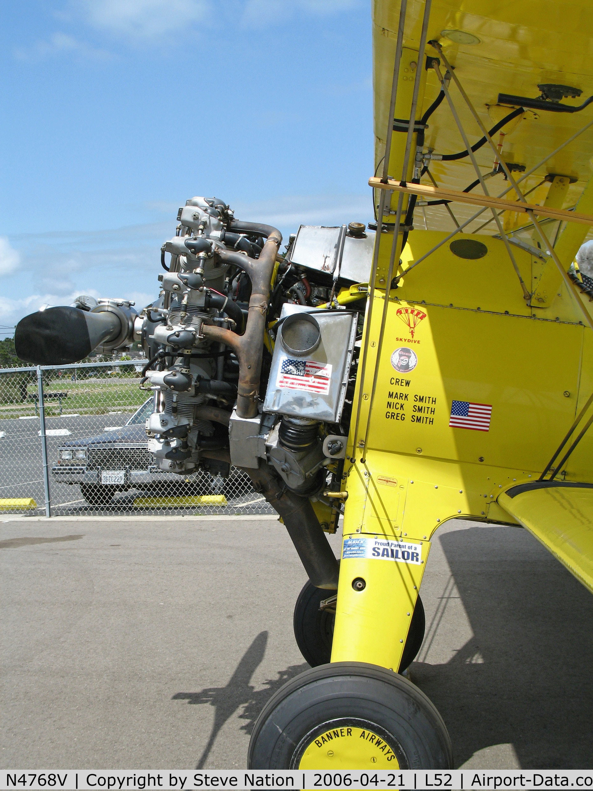 N4768V, Boeing E75 C/N 75-5737, Close-up of engine on Aircamp Biplane Rides Boeing E75 @ Oceano County Airport, CA