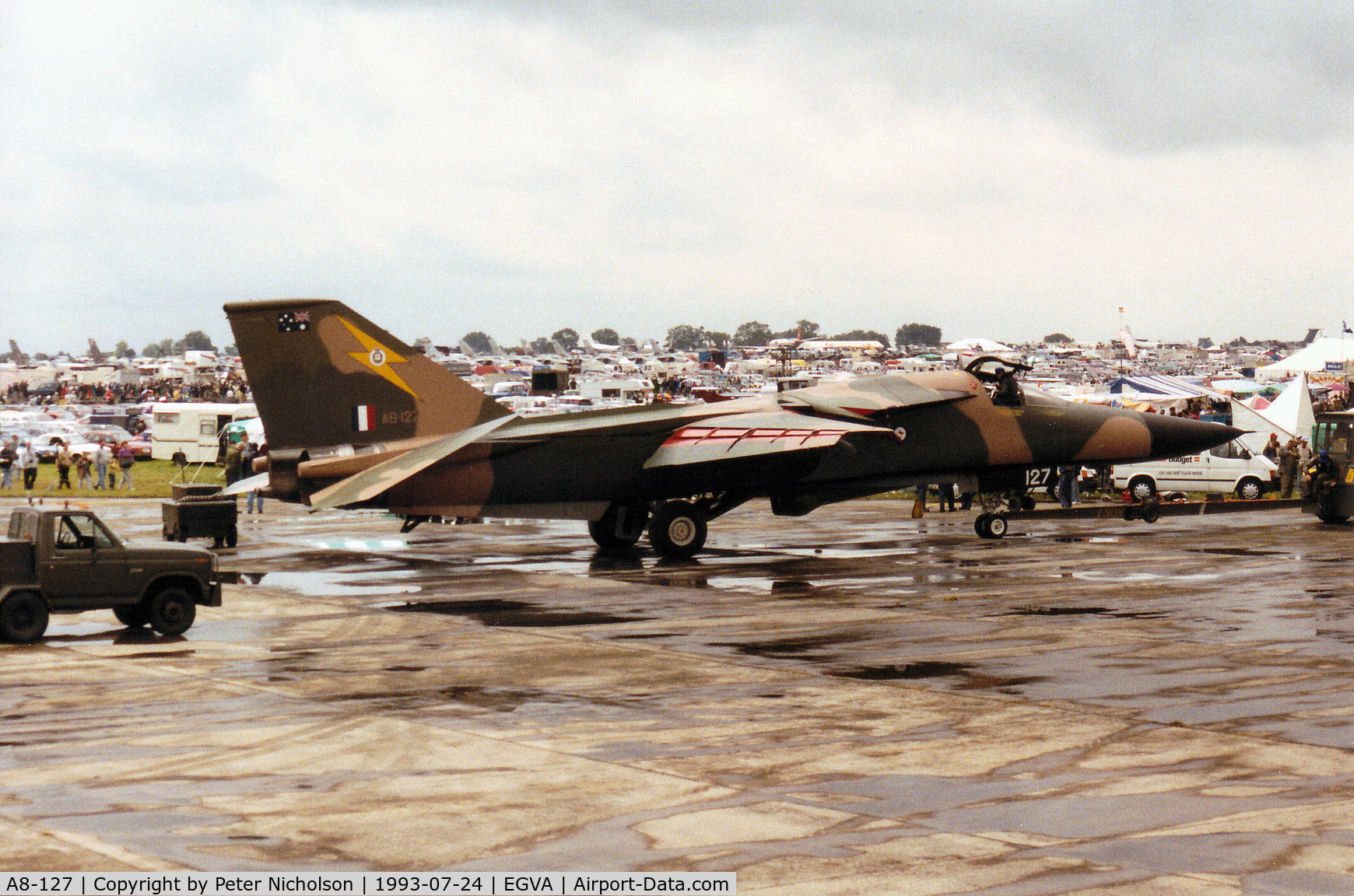 A8-127, 1967 General Dynamics F-111C Aardvark C/N D1-03, F-111C of 1 Squadron Royal Australian Air Force on the flight-line at the 1993 Intnl Air Tattoo at RAF Fairford.