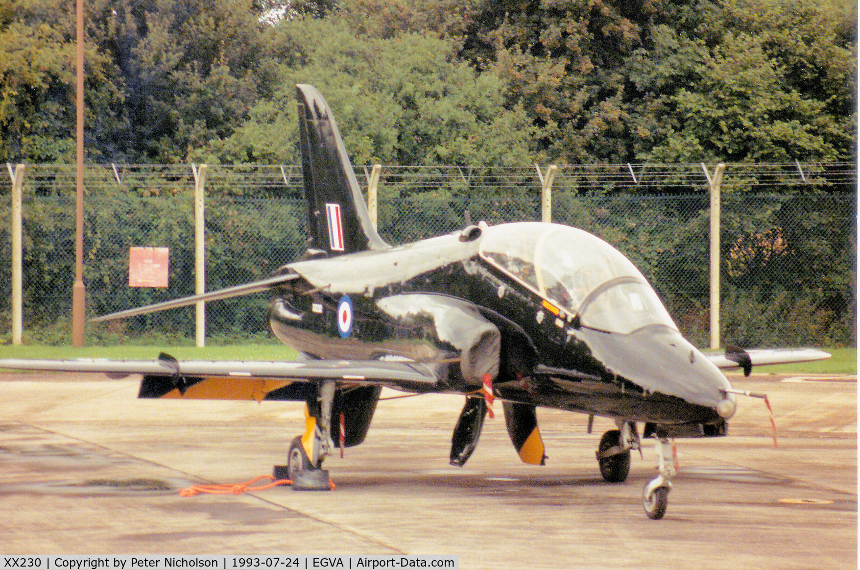XX230, 1978 Hawker Siddeley Hawk T.1A C/N 066/312066, Hawk T.1A of 19[Reserve] Squadron at RAF Chivenor on the flight-line at the 1993 Intnl Air Tattoo at RAF Fairford.