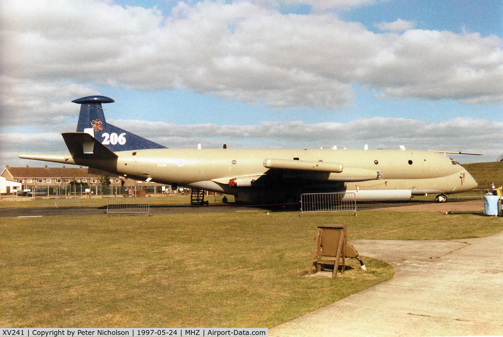 XV241, Hawker Siddeley Nimrod MR.2 C/N 8016, Nimrod MR.2 of 206 Squadron at RAF Kinloss, with 80th anniversary tail markings, on display at the 1997 RAF Mildenhall Air Fete.