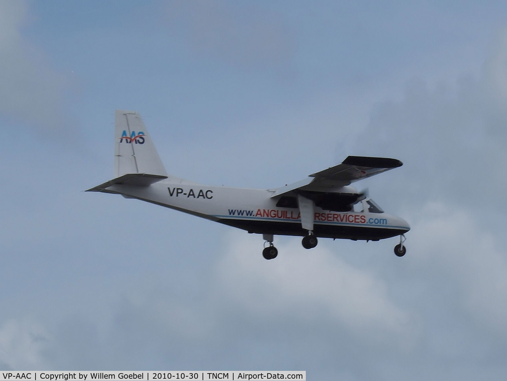 VP-AAC, 1981 Britten-Norman BN-2A-26 Islander C/N 919, Landing on Prinses Juliana Airport St Maarten (Anguilla Air Services BN-2A Islander)