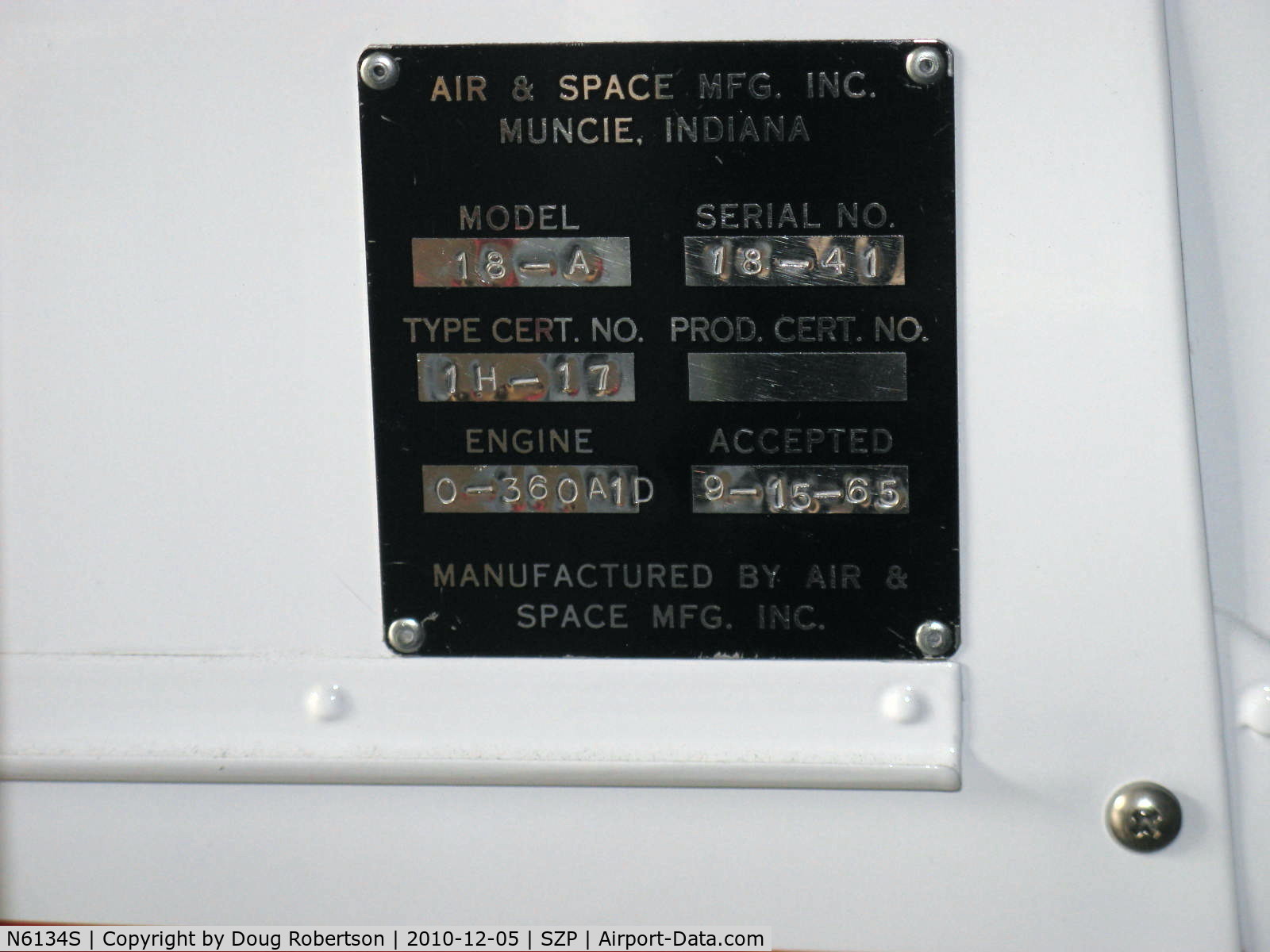 N6134S, 1965 Air & Space America Inc 18A C/N 18-41, 1965 Air & Space Mfg. Inc. 18A jump start Autogyro, Lycoming O&VO-360 180 Hp, Standard class, data plate