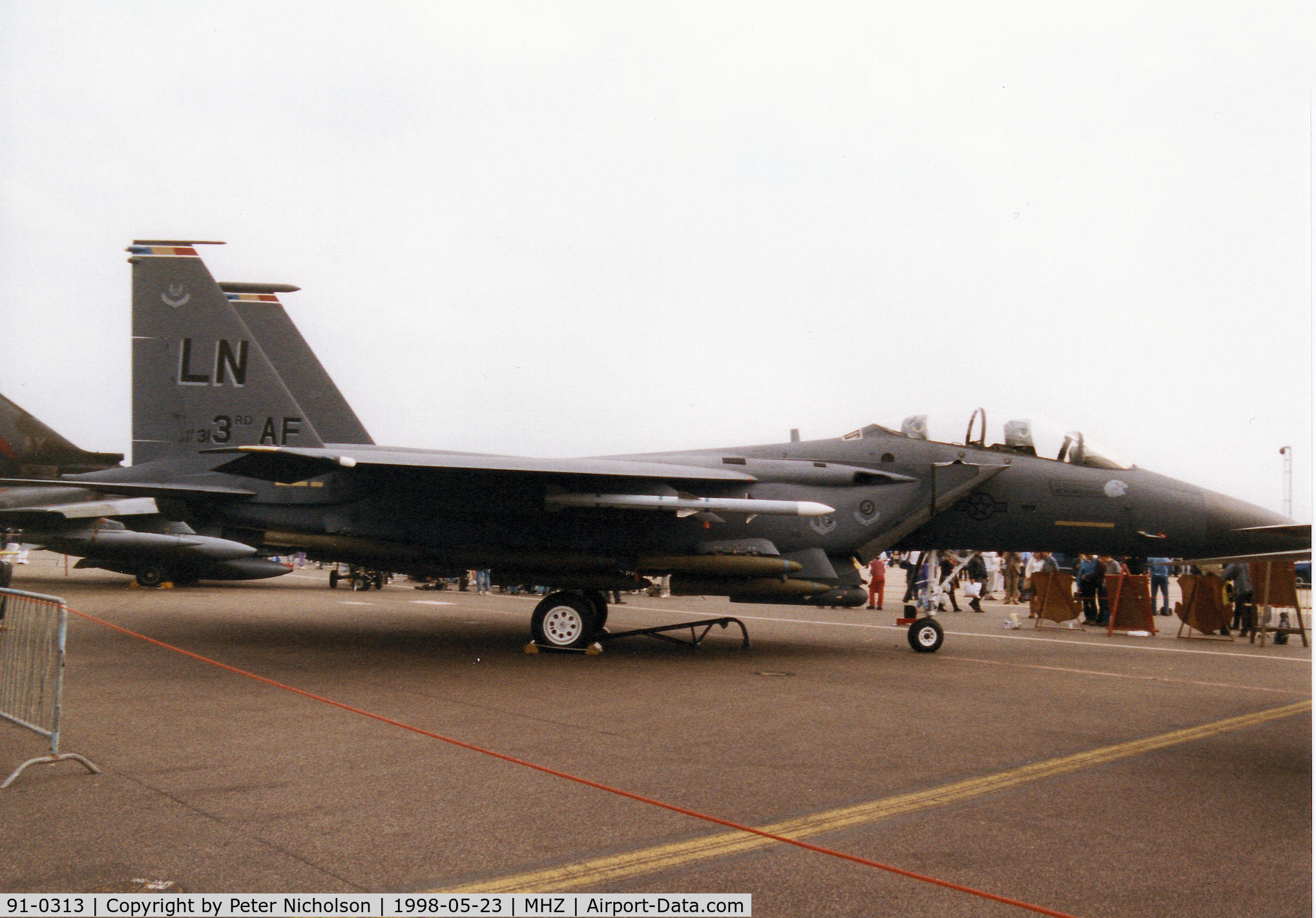91-0313, 1991 McDonnell Douglas F-15E Strike Eagle C/N 1220/E178, F-15E Strike Eagle of RAF Lakenheath's 48th Fighter Wing with markings for the 3rd Air Force Commander on display at the 1998 RAF Mildenhall Air Fete.