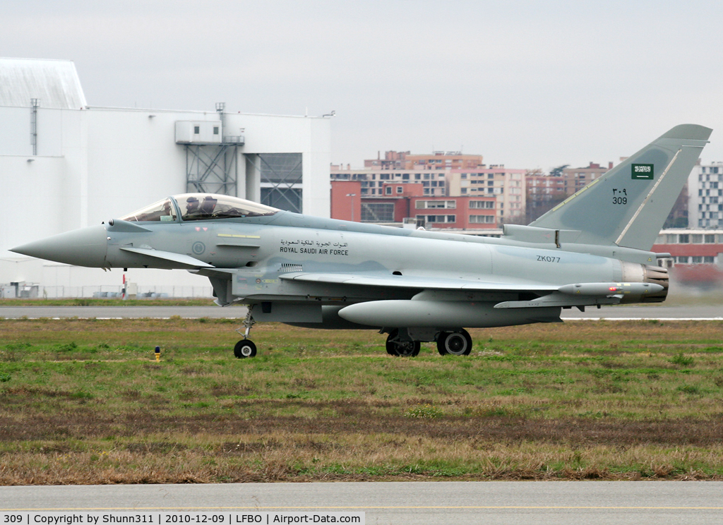 309, 2010 Eurofighter EF-2000 Typhoon F2 C/N CS011/271, S/n ZK077 - Taxiing holding point rwy 32R after refuelling due to fuel stop on delivery to Saudi Arabia...