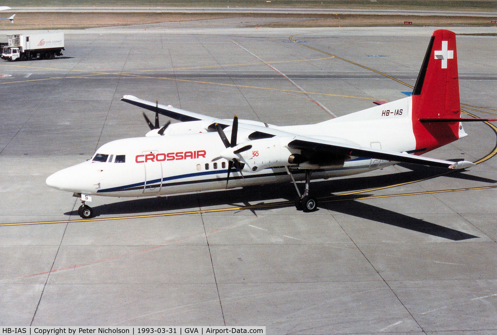 HB-IAS, 1991 Fokker 50 C/N 20220, Fokker 50 of Crossair at Geneva in March 1993.