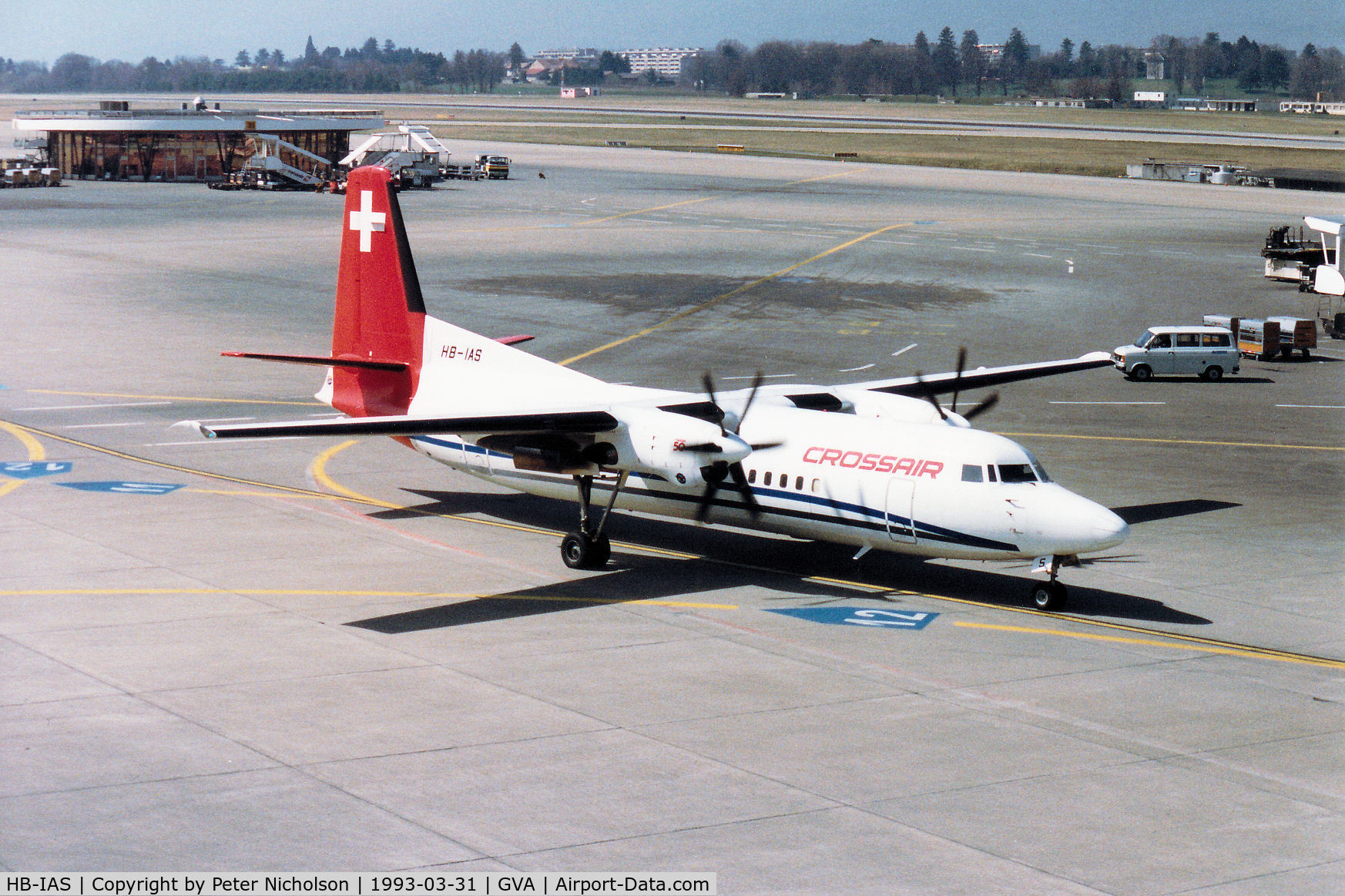 HB-IAS, 1991 Fokker 50 C/N 20220, Fokker 50 of Crossair at Geneva in March 1993.