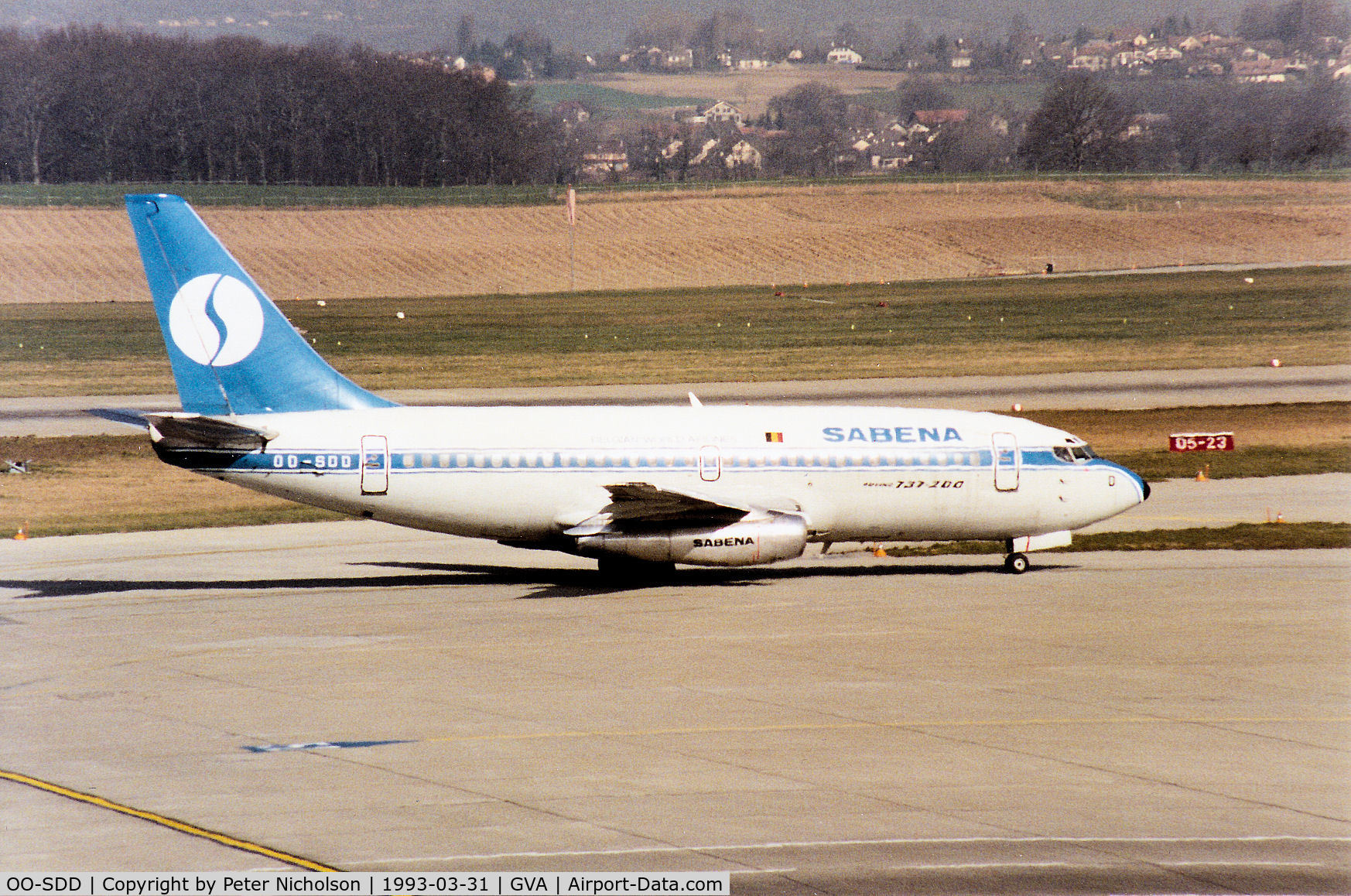 OO-SDD, 1974 Boeing 737-229 C/N 20910, Boeing 737-229 of Belgian airline Sabena heading for the active runway at Geneva in March 1993.