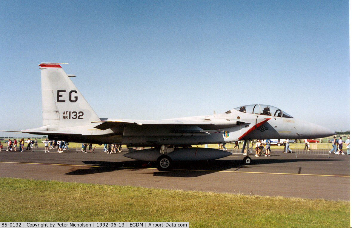 85-0132, 1985 McDonnell Douglas F-15D Eagle C/N 0964/D058, F-15D Eagle, callsign Photon 43, of 60th Fighter Squadron/33rd Fighter Wing based at Eglin AFB on display at the 1992 Air Tournament International at Boscombe Down.