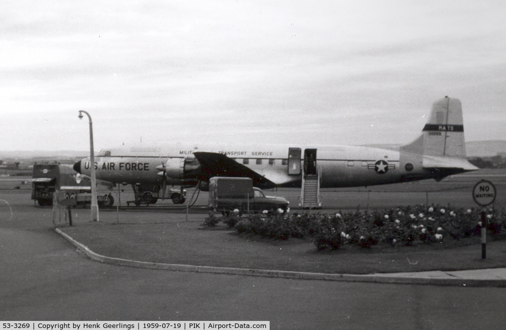 53-3269, 1953 Douglas VC-118A Liftmaster (DC-6A) C/N 44640, MATS C-188A at Prestwick en route to Harmon AFB - Gander , Jul 1959