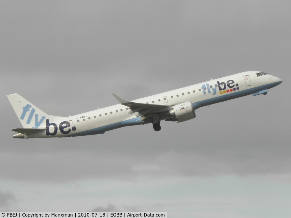 G-FBEJ, 2007 Embraer 195LR (ERJ-190-200LR) C/N 19000155, Flybe E195 G-FBEJ climbs out of BHX
