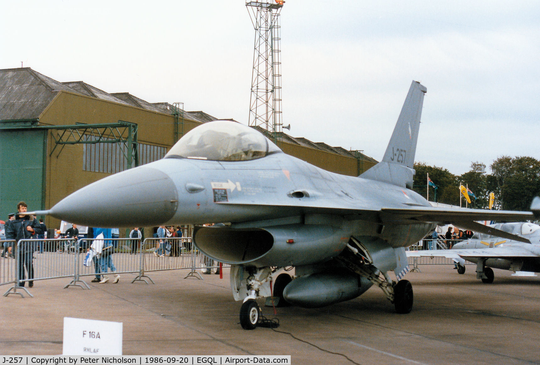 J-257, Fokker F-16A Fighting Falcon C/N 6D-46, F-16A Falcon of 322 Squadron Royal Netherlands Air Force based at Leeuwarden on display at the 1986 RAF Leuchars Airshow.