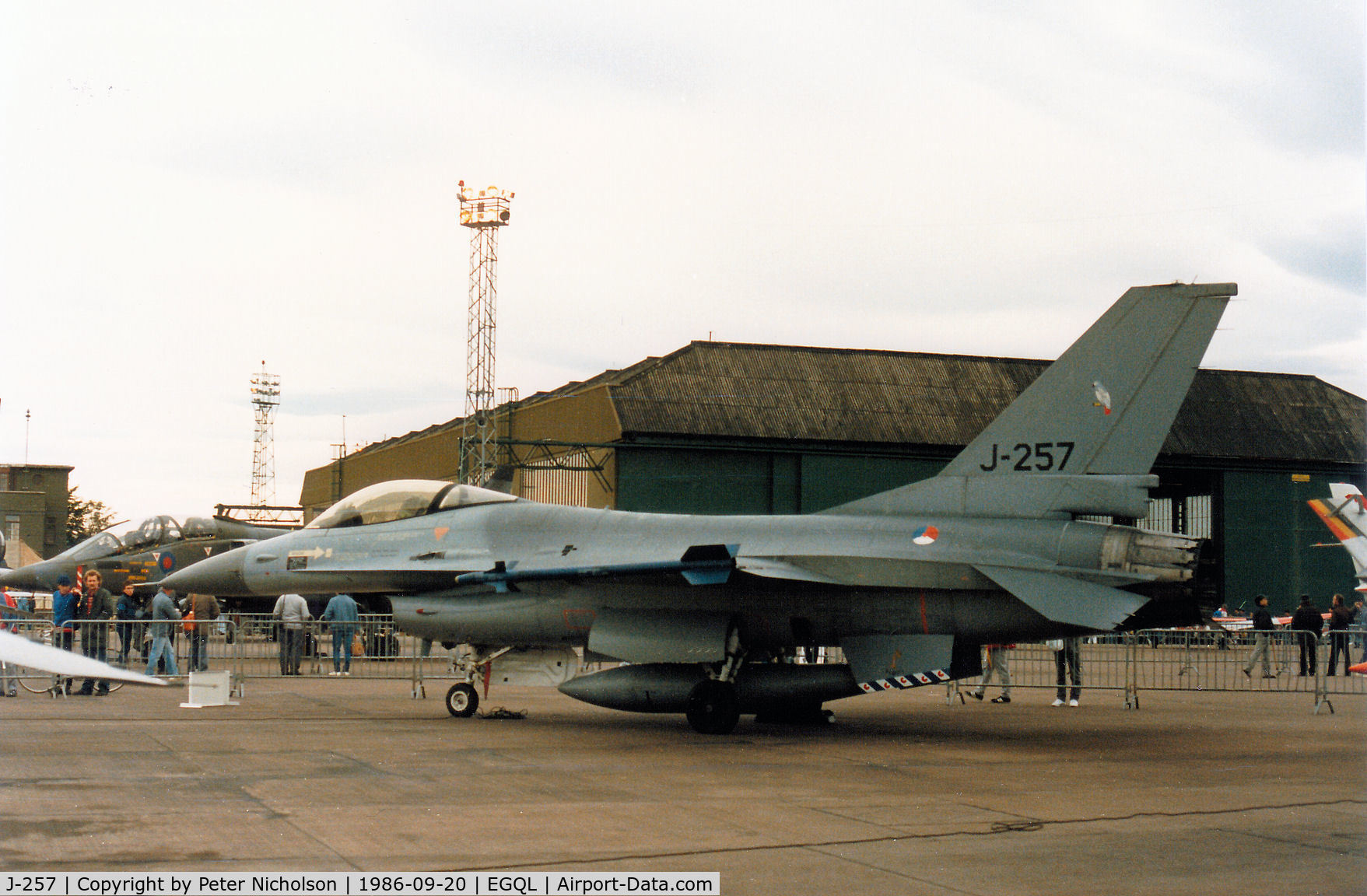 J-257, Fokker F-16A Fighting Falcon C/N 6D-46, Another view of the 322 Squadron F-16A Falcon of the Royal Netherlands Air Force at Leeuwarden on display at the 1986 RAF Leuchars Airshow.